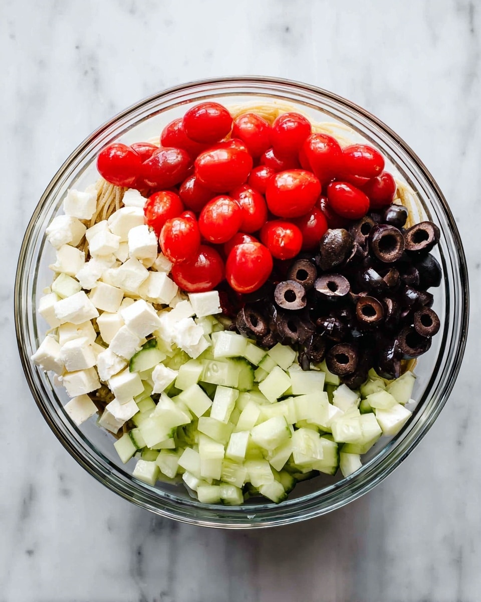 A clear glass bowl holds four separate layers of ingredients arranged side by side on top of a layer of pasta. The first layer is bright red cherry tomatoes, halved with shiny skins. Next to it is a pile of shiny black sliced olives. Below the olives are small white cubes of cheese with a soft texture. Finally, there are pale green chunks of cucumber with a slightly rough texture. The bowl sits on a white marbled surface. photo taken with an iphone --ar 4:5 --v 7
