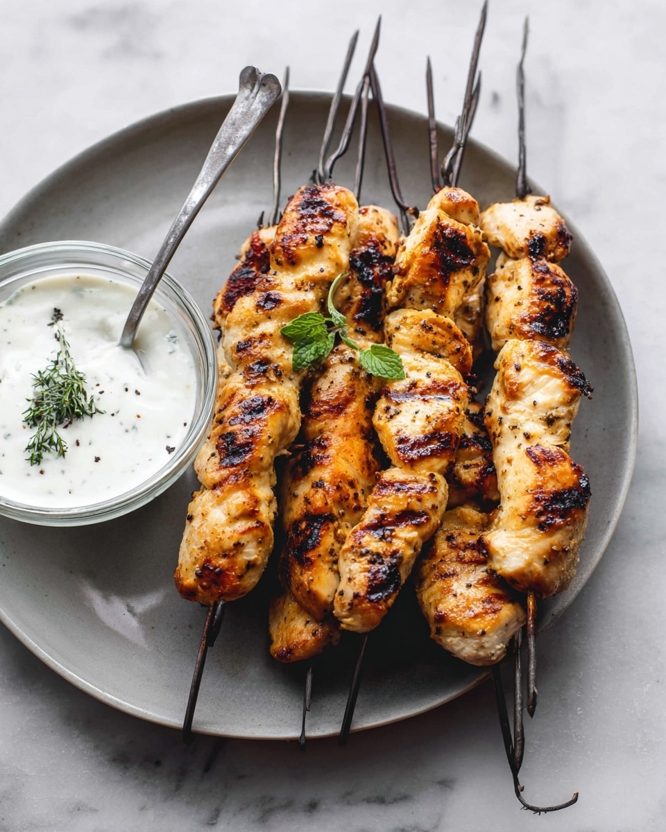 Six grilled chicken skewers with golden and slightly charred skin are arranged side by side on a round white plate. The chicken pieces show grill marks and some specks of black pepper seasoning. To the left, there is a small clear glass bowl filled with white sauce topped with a small green herb sprig, and a silver spoon sticking out. The scene is set on a white marbled surface, and the image is softly lit to highlight the textures of the chicken and sauce. photo taken with an iphone --ar 4:5 --v 7