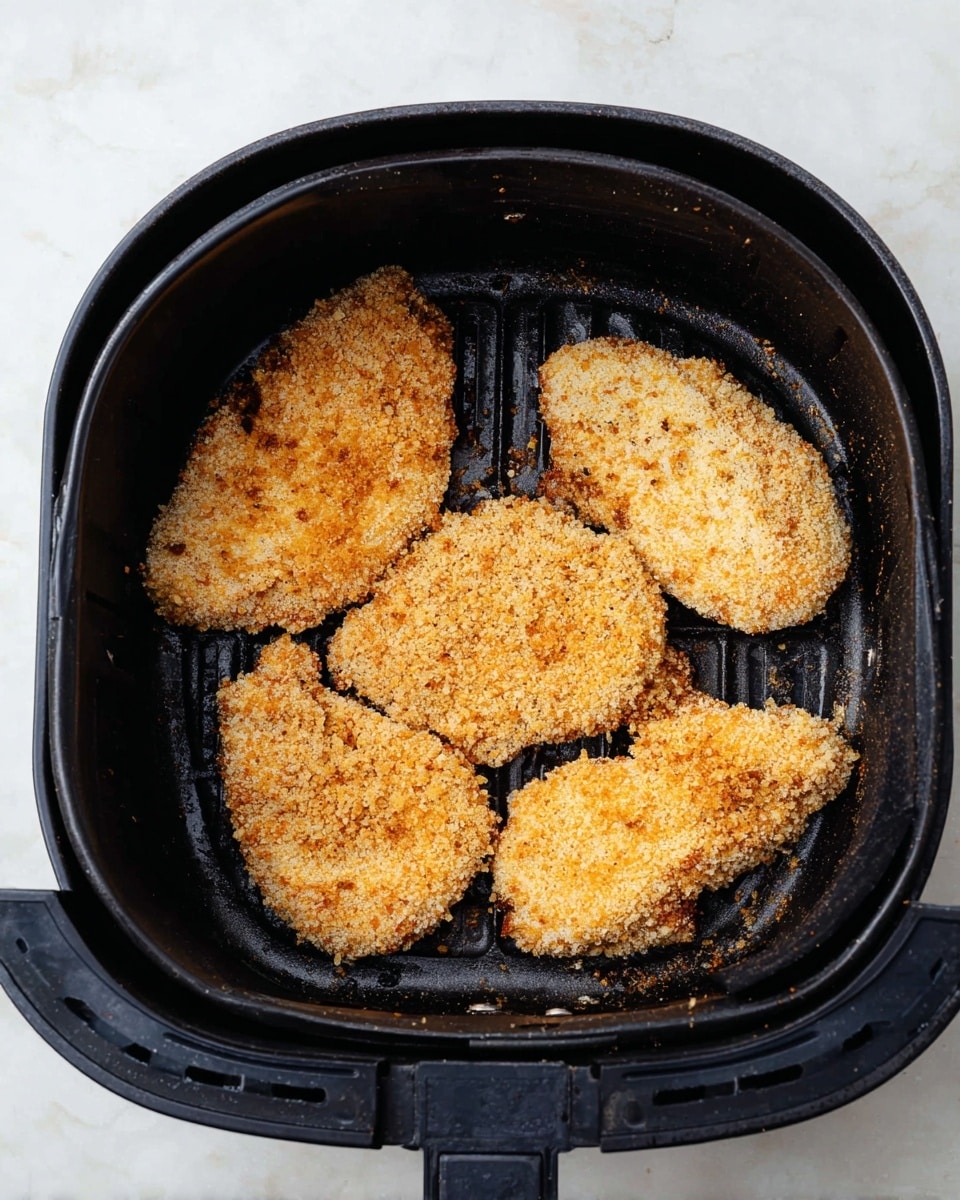 Inside a black air fryer basket, there are four pieces of breaded chicken arranged in a loose cluster. Each piece is coated with a light golden breadcrumb layer, showing a rough texture with tiny grains covering the whole surface. The basket has ridges visible beneath the chicken pieces, and the area outside the basket shows a white marbled surface. Photo taken with an iphone --ar 4:5 --v 7