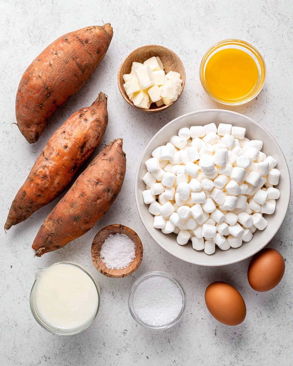 Three whole sweet potatoes with rough brownish-orange skin are placed on a white marbled surface on the left side of the image. To the right, on the same surface, there is a white bowl filled with many small white mini marshmallows. Near the bowl, there is a small white bowl with granulated white sugar, and around these, there are two brown eggs, a small white bowl of vanilla extract, a small wooden bowl of coarse salt, a glass bowl with melted yellow butter, and a small glass jar containing milk. Everything is spread out neatly on the white marbled surface. Photo taken with an iphone --ar 4:5 --v 7