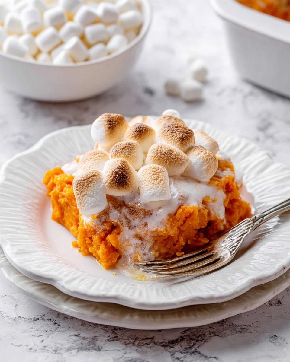 A serving of sweet potato casserole sits on a white plate with gently scalloped edges, showing three main layers: a bottom layer of soft, bright orange mashed sweet potatoes, topped with a layer of light golden brown toasted marshmallows that are melting and slightly browned, with some foam and melted marshmallow filling dripping over. A silver fork rests angled on the right edge of the plate. In the background, a white bowl filled with mini white marshmallows is slightly out of focus, all placed on a white marbled surface. Photo taken with an iphone --ar 4:5 --v 7