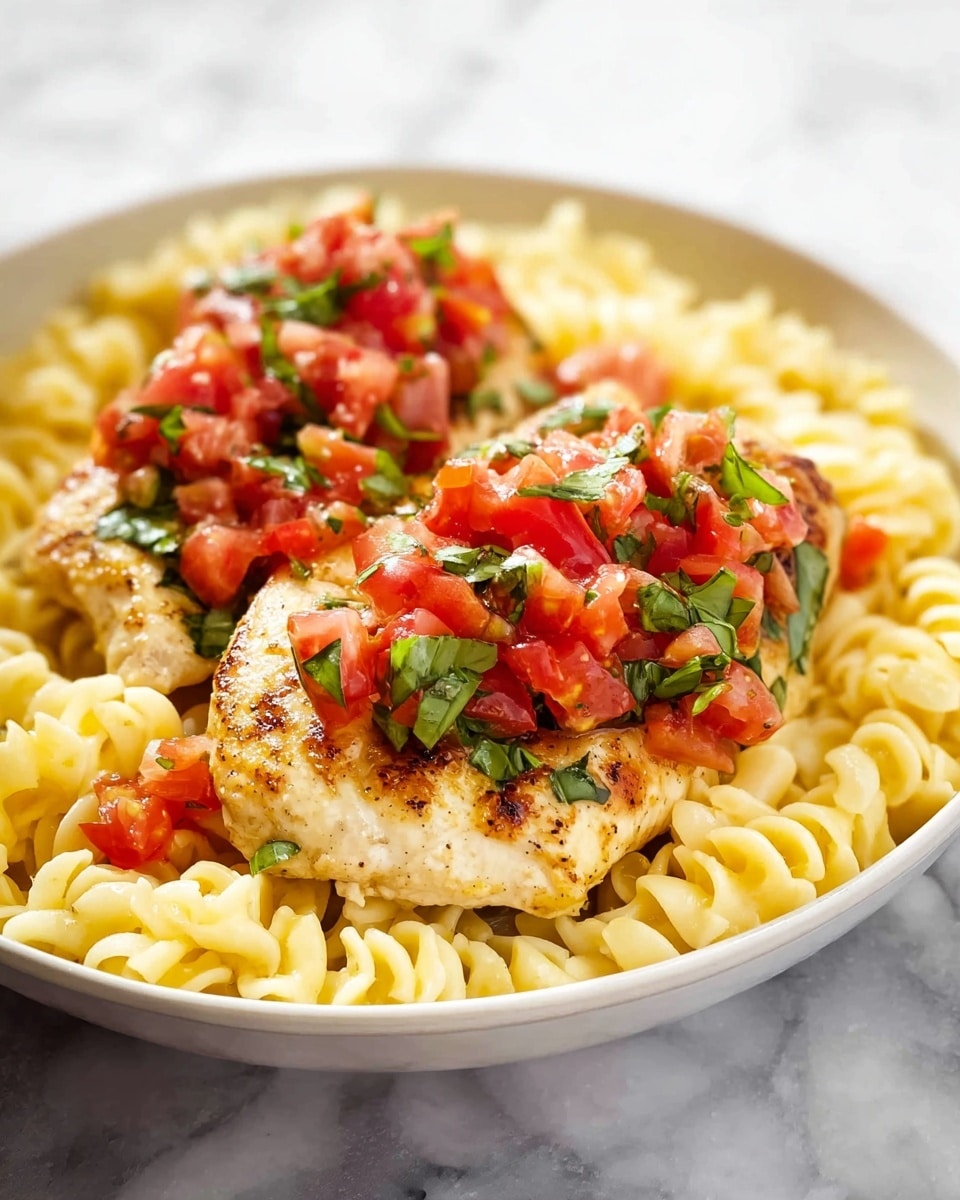The image shows a dish with two pieces of cooked chicken placed on top of a bed of curly pasta. The chicken pieces have a light golden-brown color with a slightly grilled texture. On top of each chicken piece is a mixture of fresh diced red tomatoes and chopped green basil leaves, adding bright red and green colors. The pasta underneath is creamy and yellowish, with a smooth texture that surrounds the chicken. The dish is served in a white bowl set on a white marbled surface. photo taken with an iphone --ar 4:5 --v 7