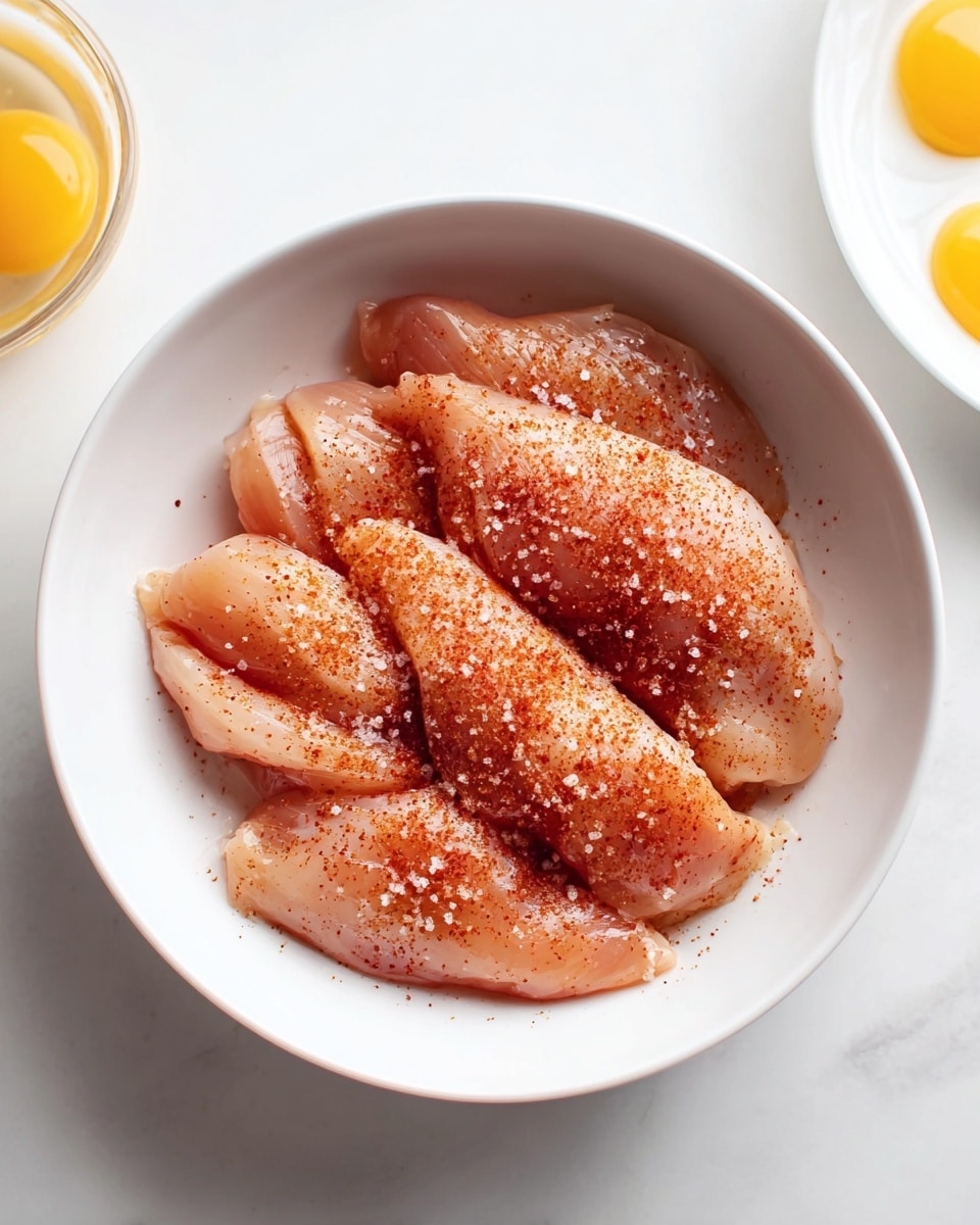 The image shows a white bowl filled with six raw chicken fillets arranged closely together, each piece having a smooth, pale pink color with a slightly shiny texture. The fillets are sprinkled evenly with a reddish powder seasoning and coarse white salt crystals, which add a rough texture contrast on top. The bowl is placed against a white marbled surface, and nearby, part of a white plate with raw egg yolks can be seen out of focus on the right side. Photo taken with an iphone --ar 4:5 --v 7
