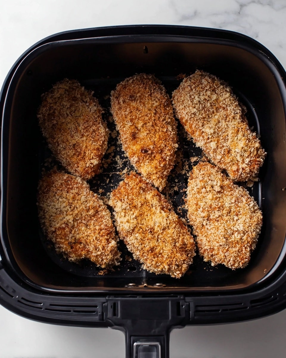 Four pieces of breaded food are placed side by side inside a black air fryer basket. Each piece has a rough, crumbly texture with a mixture of light and darker brown colors, showing a coating of breadcrumbs. The basket itself is smooth and shiny, with a handle slot visible at the back, and is set against a white marbled surface. photo taken with an iphone --ar 4:5 --v 7