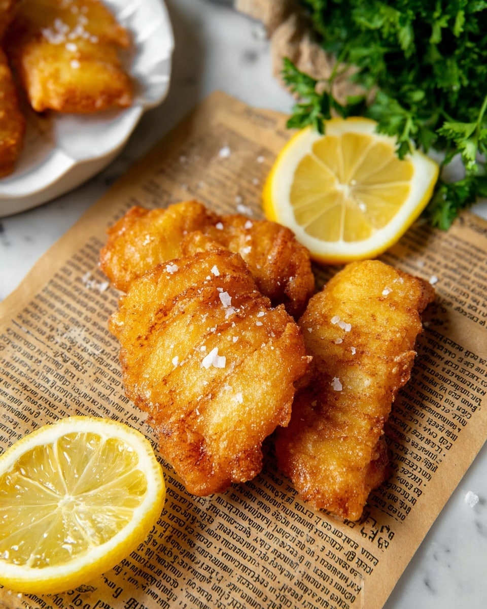 The image shows three pieces of crispy golden fried fish with a rough texture, sprinkled with coarse salt on top, placed on a sheet of newspaper. Behind the fish, there are two yellow lemon slices with a juicy and textured surface resting flat. In the top left corner, part of a white plate with more fried fish is slightly visible, and on the right side, there is a small bunch of fresh green parsley with bright leaves. The whole scene is set on a white marbled surface. photo taken with an iphone --ar 4:5 --v 7