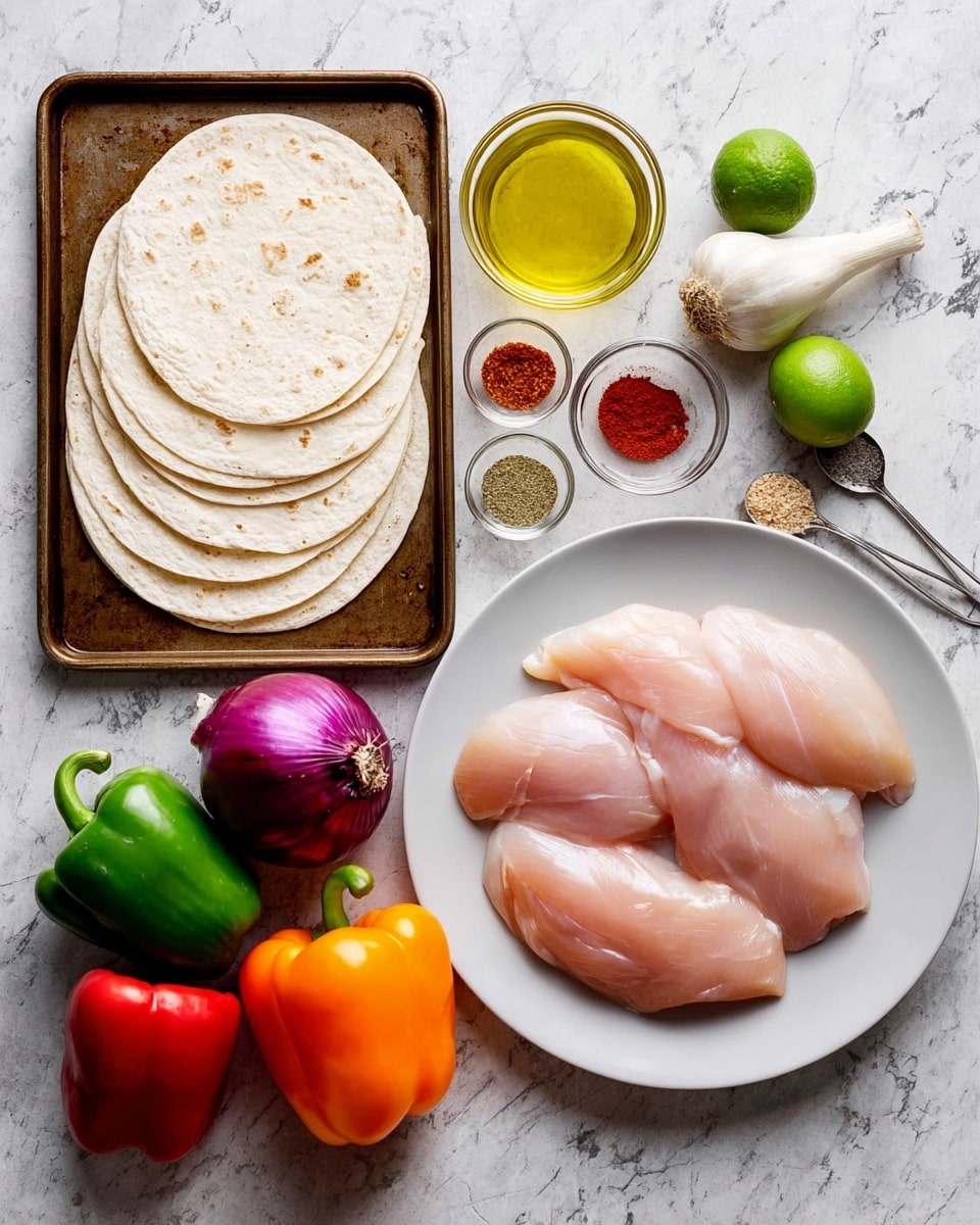 The image shows a white plate with four pieces of raw chicken meat stacked slightly overlapping on the right side. Below the plate, there are three whole bell peppers placed on a white marbled surface: one orange, one green, and one red. To the left, a brown metal tray holds six stacked white tortillas near its bottom left corner. Above the tortillas, there are two whole green limes, a whole garlic bulb, and a small glass bowl filled with yellow oil. Near the top left, a whole purple onion sits beside three small glass bowls containing different spices: one reddish, one yellowish-brown, and one off-white, with three small measuring spoons resting on the tray. The background is a white marbled surface. Photo taken with an iphone --ar 4:5 --v 7