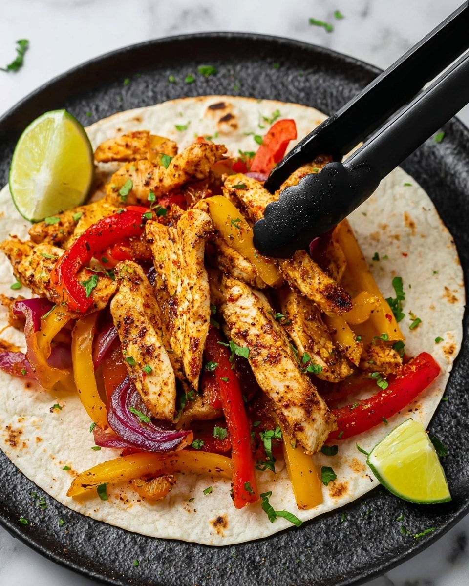 A white tortilla lies flat on a black round plate, topped with strips of cooked chicken seasoned with spices, appearing golden brown with some black pepper spots. Beneath the chicken are colorful slices of bell peppers in red, yellow, and orange, mixed with some cooked red onions. The dish is garnished with small chopped green herbs scattered on top. A pair of black tongs is in the process of picking up the chicken strips. A small wedge of lime sits on the side of the plate. The setting is on a white marbled surface. photo taken with an iphone --ar 4:5 --v 7