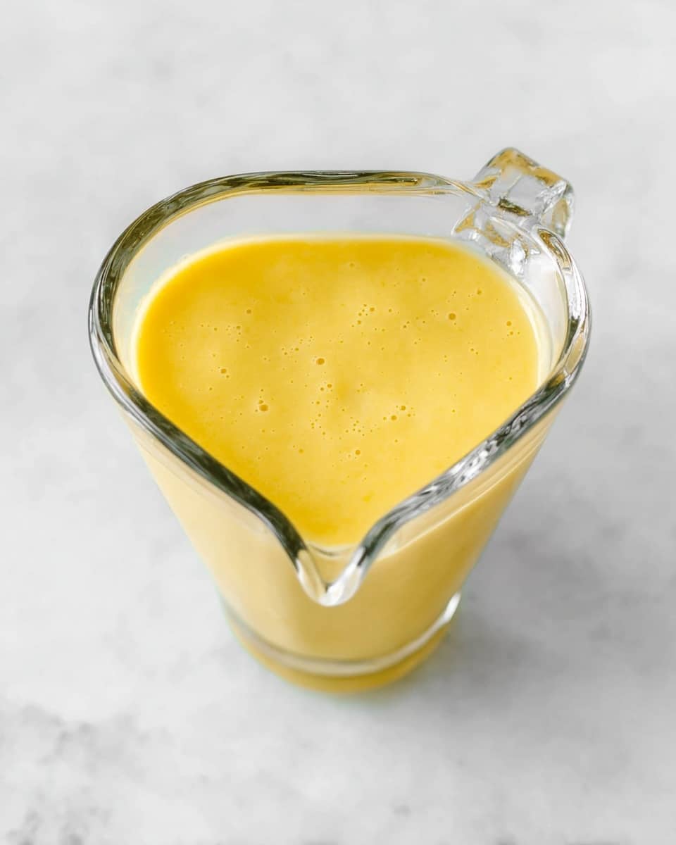 A clear, triangular glass container with a small handle holds a smooth, thick yellow sauce or dressing filling the container almost to the top, sitting on a white marbled surface. The sauce has a creamy texture with tiny bubbles on the surface, giving it a fresh and slightly airy look. Photo taken with an iphone --ar 4:5 --v 7