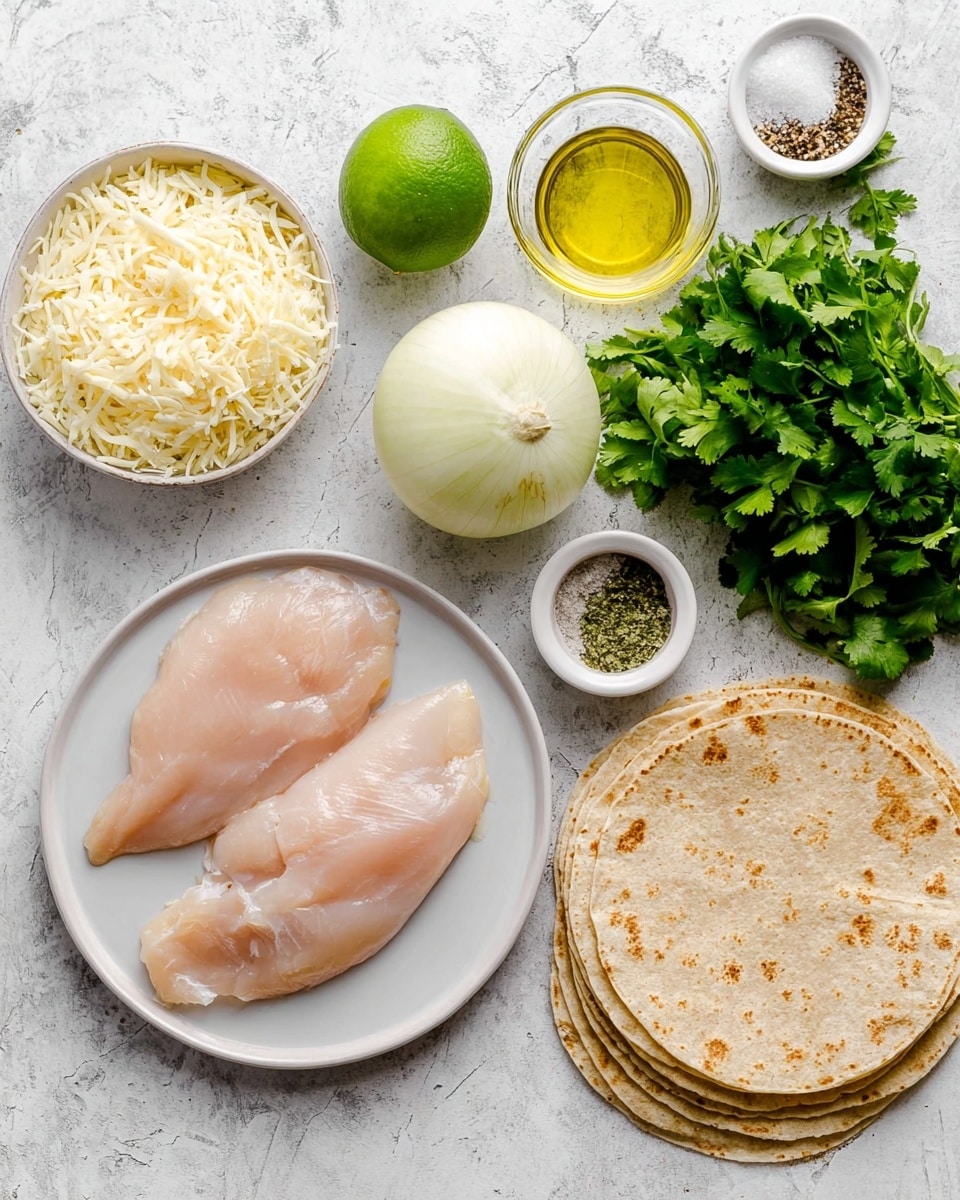 Two raw light pink chicken fillets lie on a white plate on the left side on a white marbled surface. Near the plate, there is a whole white onion, a round lime, and a small glass bowl of light yellow grated cheese. To the right of these, a stack of light brown tortillas sits beside a bunch of fresh green cilantro leaves. Small glass bowls with coarse salt and pepper, mixed seasonings, and light yellow cooking oil are also placed around. The overall look is neat with fresh and raw ingredients ready for cooking. Photo taken with an iphone --ar 4:5 --v 7