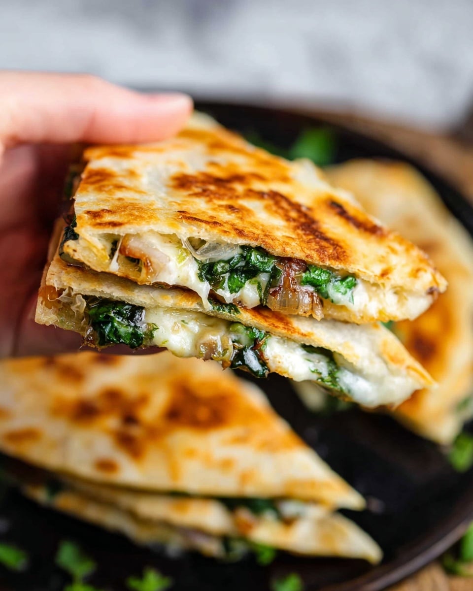 A close-up image shows a woman's hand holding a triangular slice of quesadilla with three visible layers: the top and bottom layers are golden brown, thin, and crisp tortilla with some browned spots, while the middle layer contains melted white cheese melted with green leafy spinach and small browned bits of grilled onion scattered inside. The background shows more slices placed on a dark pan, and the surface beneath is a white marbled texture. photo taken with an iphone --ar 4:5 --v 7