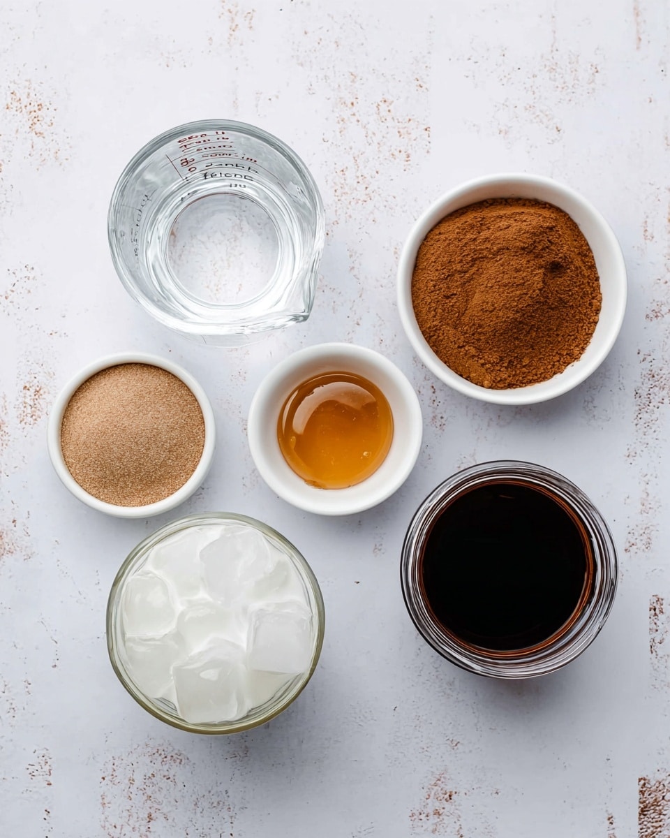 The image shows six small white dishes and containers arranged on a white marbled surface in two rows. In the top row from left to right, there is a clear glass measuring cup filled with clear water, a white bowl with light brown dry powder, a white bowl with golden honey, and another white bowl filled with cinnamon-colored powder. In the bottom row from left to right, there is a glass jar with white milk, a clear glass filled with large ice cubes, and a dark liquid in a short glass container. The items are evenly spaced and clearly visible. photo taken with an iphone --ar 4:5 --v 7