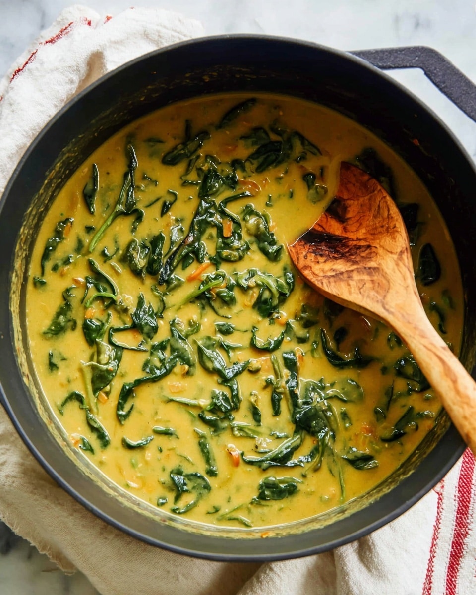 A black pot filled with a thick yellow soup mixed with dark green leafy vegetables, showing a creamy texture with small pieces of vegetables throughout. Inside the pot, a wooden spoon with a smooth light brown surface and dark streak runs diagonally from the lower right edge towards the center. The pot is placed on a white marbled surface with a white cloth featuring red stripes partially visible nearby. photo taken with an iphone --ar 4:5 --v 7