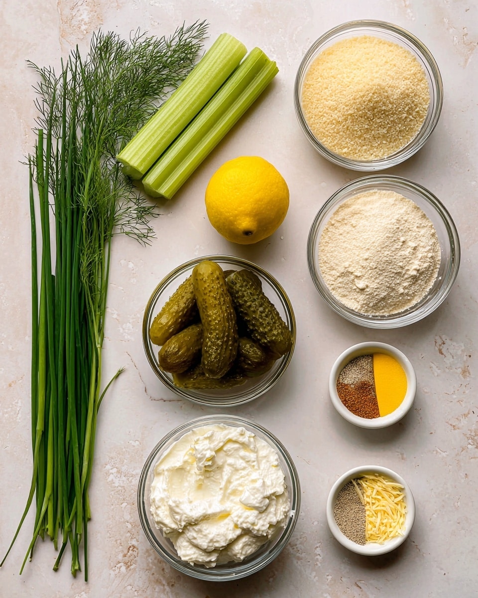 The image shows various ingredients neatly arranged on a white marbled surface. At the top left, there is a bunch of fresh dill with long green fronds, followed by a light green celery stalk and a bundle of dark green chives side by side below it. Near the center, a bright yellow lemon sits between two glass bowls filled with coarse, pale yellow panko crumbs and whole pickles in a brine. At the bottom, there are two glass bowls filled with white creamy cheeses, one with a fluffy texture and the other with a denser but soft appearance. At the top right, a small, white bowl holds a mix of grated cheese and seasonings in circular, segmented piles of yellow, light orange, and brown colors. The items are all placed against the white marbled surface in a tidy and clear layout. photo taken with an iphone --ar 4:5 --v 7