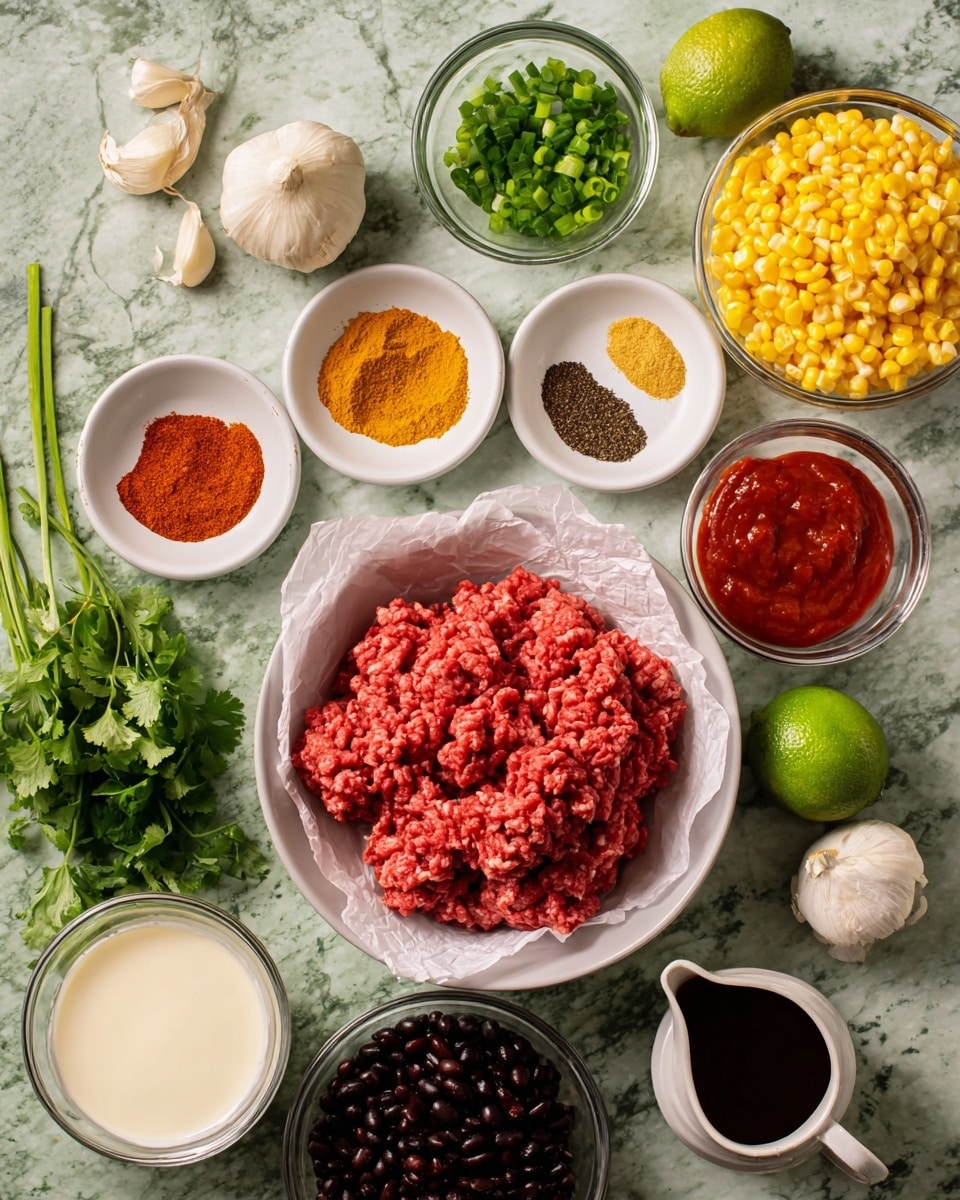 A white bowl with white paper holds bright red raw ground meat, placed on a white marbled surface. Around it are small white dishes with different colorful spices: bright orange powder, yellow powder, dark red powder, white salt, and black pepper. Small glass bowls contain fresh green scallions, leafy cilantro, and yellow corn kernels. There is a small glass bowl with red tomato sauce, another with black beans, and a white bowl with creamy white sour cream. A glass cup holds dark brown liquid, and a small white pitcher contains a light cream liquid. Two cloves of garlic and a whole green lime sit near the bowls. Photo taken with an iphone --ar 4:5 --v 7