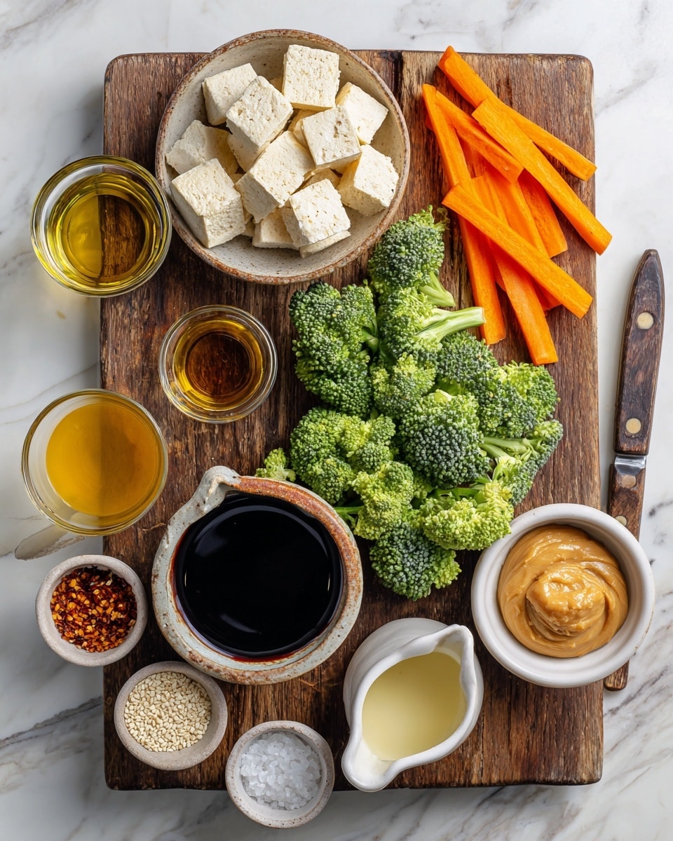 The image shows a wooden cutting board on a white marbled surface with several fresh ingredients neatly arranged. From left to right, there are small glass bowls containing a golden sesame oil, light beige cubed tempeh, and thin orange carrot sticks piled beside bright green broccoli florets. In between the broccoli and tempeh, a small white ceramic cup holds dark maple syrup. Below that is a rustic bowl with dark liquid aminos, next to a small clear glass jar with a pale yellow ground ginger paste. To the right, a white bowl holds creamy natural peanut butter, with another white bowl containing a light yellow rice wine vinegar and a clear glass of hot water nearby. At the bottom left, a small dish contains white sesame seeds and crushed red pepper flakes. On the top, a small clear bowl holds sea salt and pepper. A knife rests on the right side of the board. photo taken with an iphone --ar 4:5 --v 7