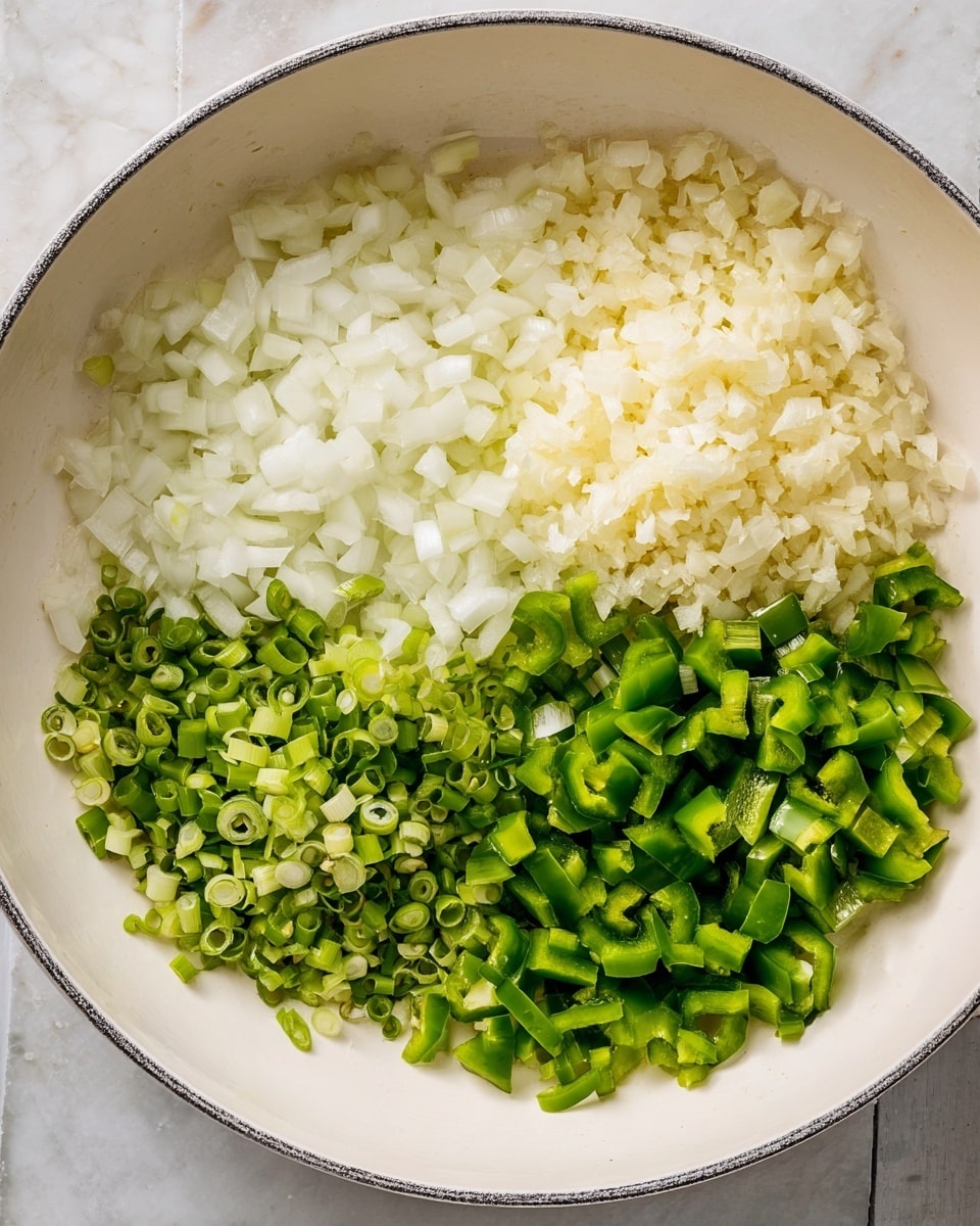 A white dish holds four neatly arranged piles of finely chopped ingredients on a white marbled surface. The largest pile is diced white onions, filling about half of the dish with a soft, pale yellow color and crumbly texture. To the right, there is a pile of small, square-cut green bell peppers with a shiny, fresh look. On the left, two piles of green vegetables appear: chopped scallions with a slightly darker green and a crisp, circular shape, and finely diced green chiles with a more matte finish and small square cuts. The ingredients are placed in a circular pattern, showing a fresh and vibrant mix of white and different green shades. Photo taken with an iphone --ar 4:5 --v 7
