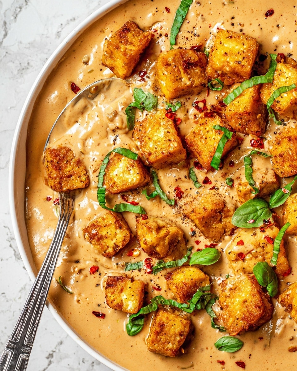 The image shows a creamy, light brown sauce as the base layer with a smooth and thick texture, covering the whole frame. Scattered across the sauce are golden brown, crispy tofu cubes with a slightly rough surface, some of them partially covered by the sauce. Small pieces of fresh, bright green basil leaves are sprinkled on top, adding a pop of color. Tiny red chili flakes and ground black pepper are lightly scattered for garnish. A silver spoon is partially submerged in the sauce near the bottom left, showing some sauce and tofu on it. The background is a white marbled texture. Photo taken with an iphone --ar 4:5 --v 7