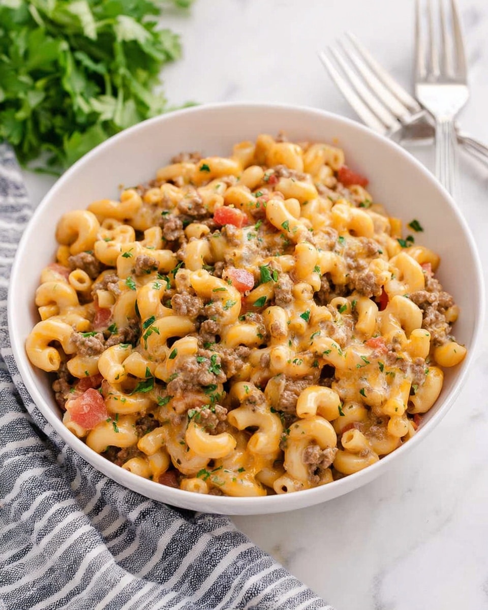 A white bowl filled with creamy macaroni pasta mixed evenly with small chunks of cooked ground meat, diced tomatoes, and melted cheese. The pasta is coated in a light orange creamy sauce, with green herbs sprinkled on top for garnish. The bowl sits on a white marbled surface with two silver forks placed to the right side and a green herb bunch blurred in the background. A gray cloth with white stripes is visible on the left side near the bowl. photo taken with an iphone --ar 4:5 --v 7