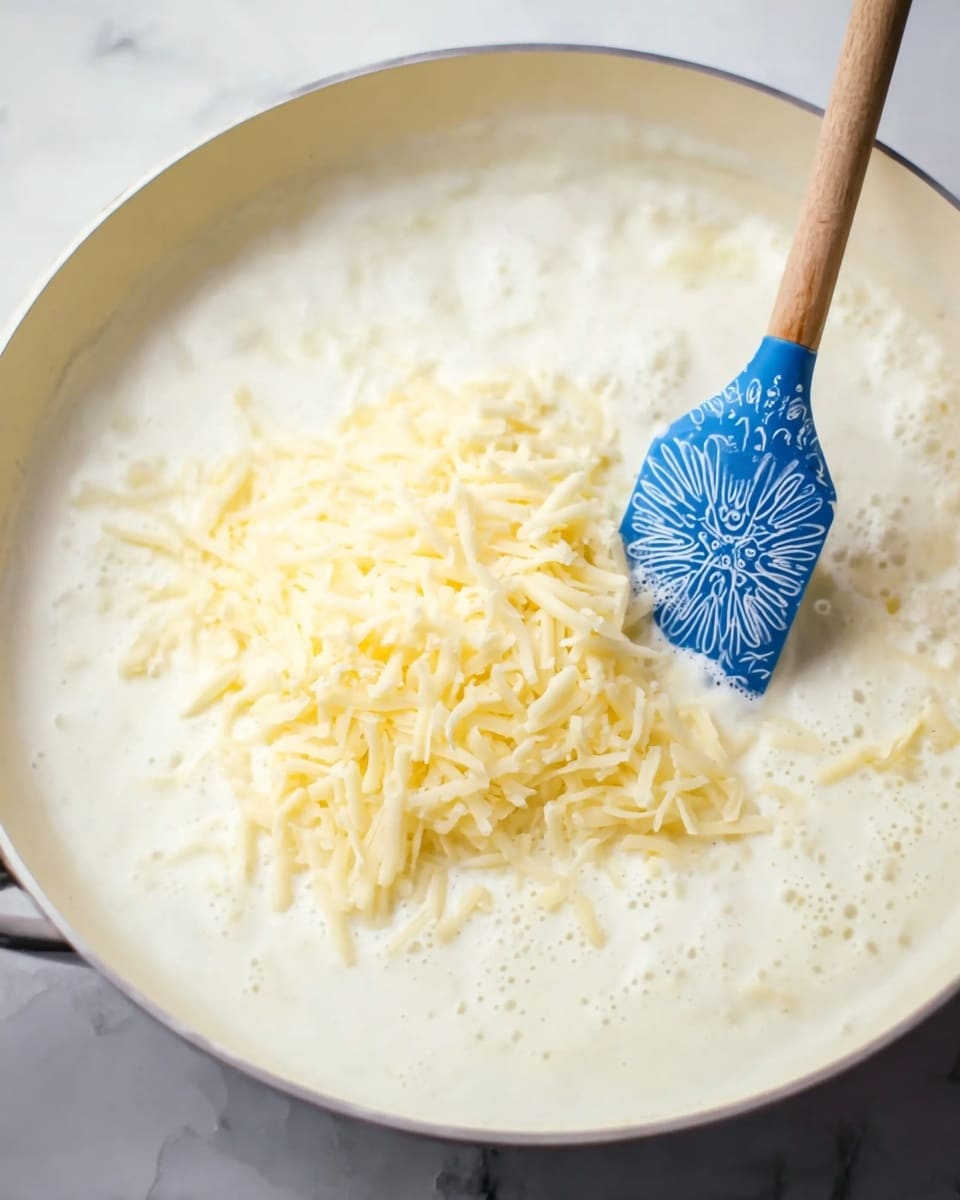 The image shows a close-up of a white frying pan with white bubbling cream sauce inside. In the center, a pile of light yellow shredded cheese is on top of the sauce. A wooden spatula with a blue silicone head featuring a white decorative pattern rests in the sauce on the right side. The background is a white marbled surface. Photo taken with an iphone --ar 4:5 --v 7