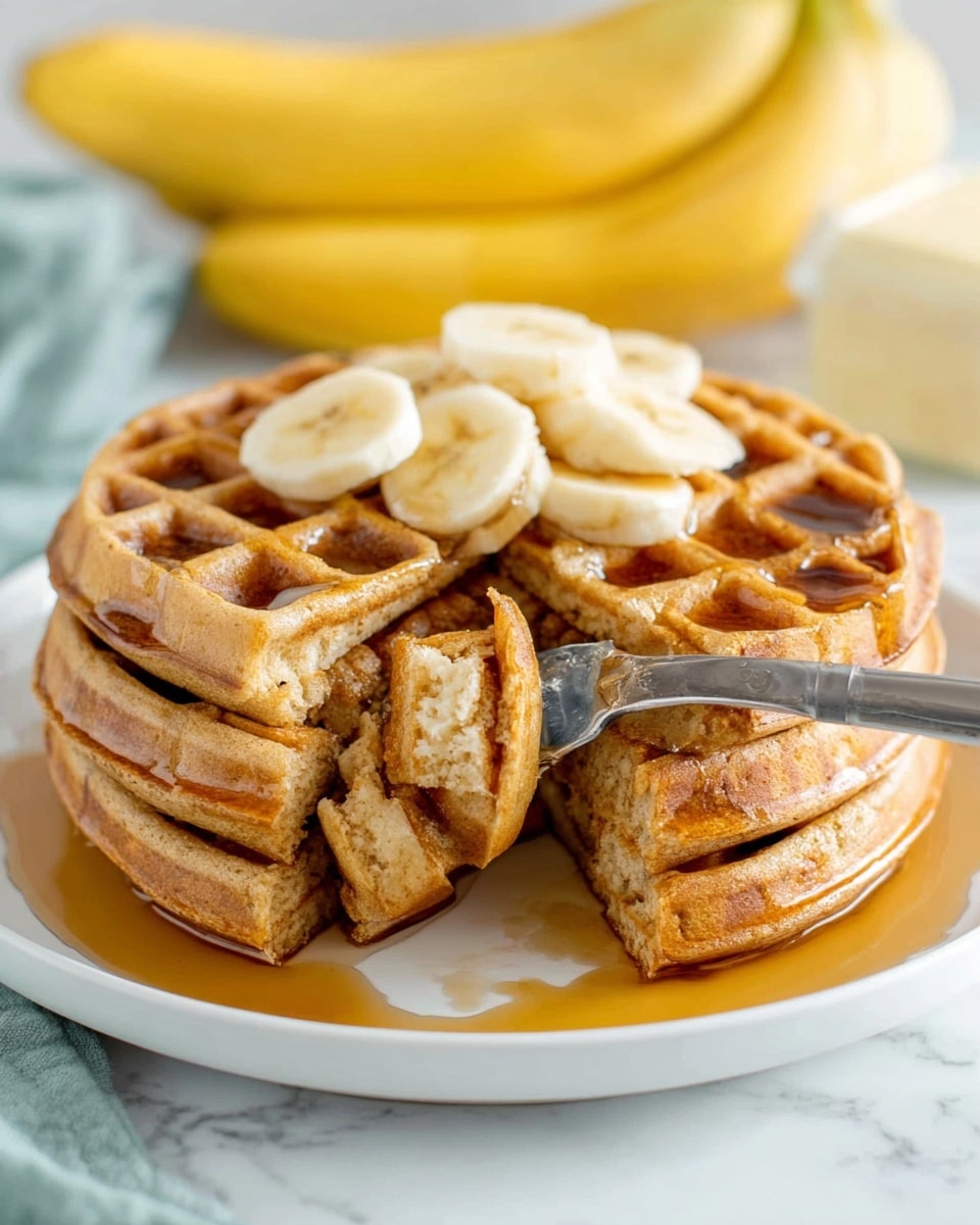A stack of four thick, golden-brown waffles sits on a white plate with syrup pooling around the base. The waffles have a slightly crispy texture with deep square pockets visible. On top of the stack are several slices of pale yellow banana arranged in a small cluster. A silver fork is inserted into the bottom waffle, lifting a bite-sized piece showing the soft inside. The plate rests on a white marbled surface, with a bunch of ripe bananas and a butter container blurred in the background. Photo taken with an iphone --ar 4:5 --v 7