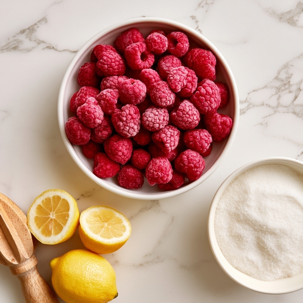 A white bowl filled with bright red frozen raspberries sits in the center of a white marbled surface. To the lower left are three lemon halves showing their yellow inside, one whole lemon, and a wooden lemon squeezer with a natural wood texture. To the lower right is a white bowl filled with white sugar. The setup is simple and clean, with a bright, natural light that highlights the colors and textures of the fruit and bowls photo taken with an iphone --ar 4:5 --v 7