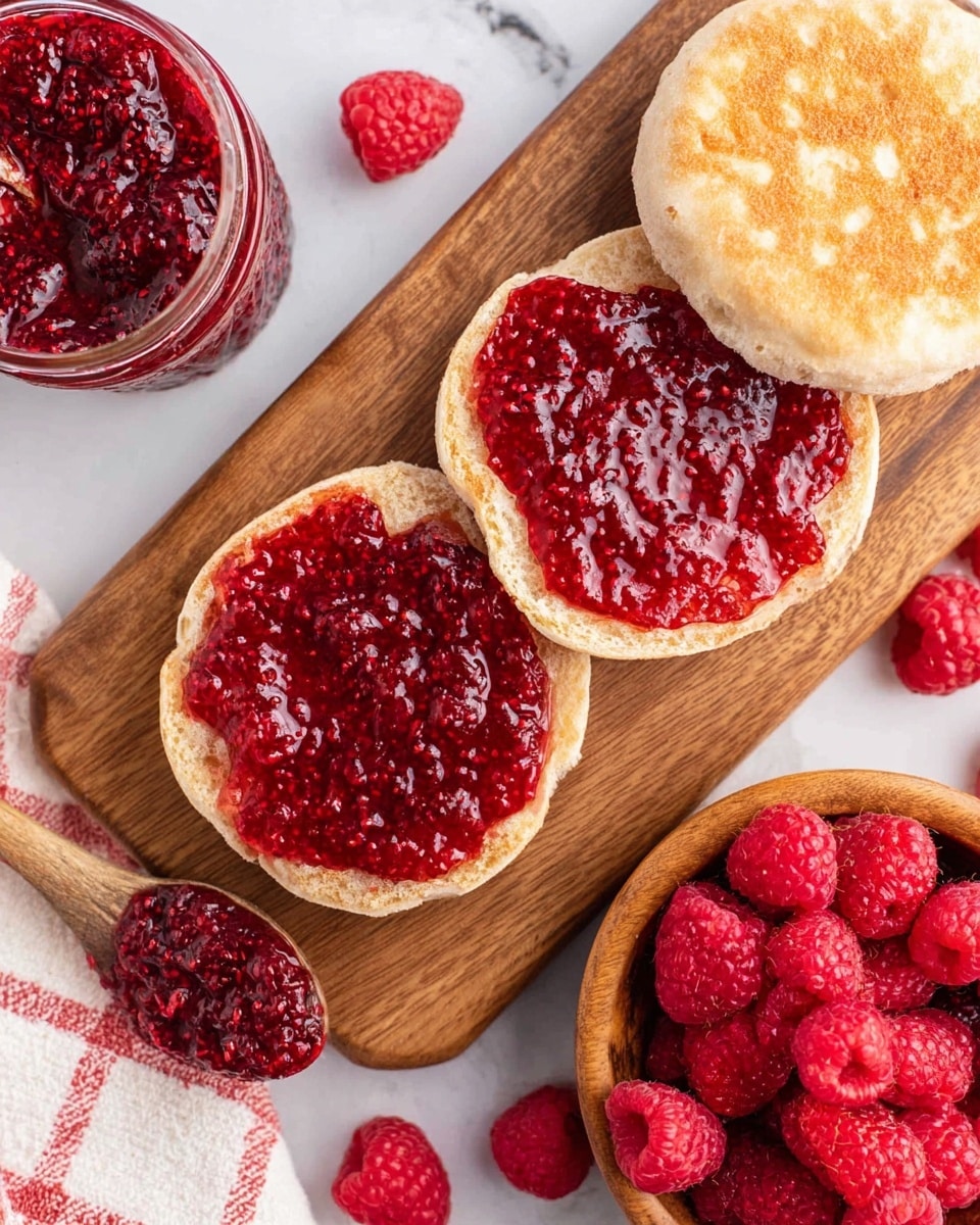 The image shows two halves of a toasted English muffin placed on a wooden board. Each muffin half is spread with a thick layer of rich, red raspberry jam that has a glossy, slightly chunky texture. To the right, there is a whole English muffin with a golden-brown top. Fresh raspberries are scattered around the muffin halves and a wooden bowl filled with raspberries sits in the bottom right corner. A spoon full of raspberry jam rests on the left side of the board. The background is a white marbled surface with part of a white and red checkered cloth visible on the left side. photo taken with an iphone --ar 4:5 --v 7