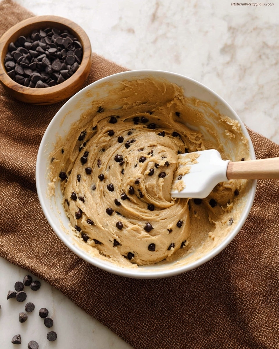 A white bowl filled with thick, light brown cookie dough mixed evenly with small dark chocolate chips, swirled gently with a white spatula on the right side, with some dough spread thinly near the bowl's edge. Behind the bowl, a wooden bowl holds whole dark chocolate chips, all placed on a white marbled surface with a brown textured cloth nearby. Photo taken with an iphone --ar 4:5 --v 7