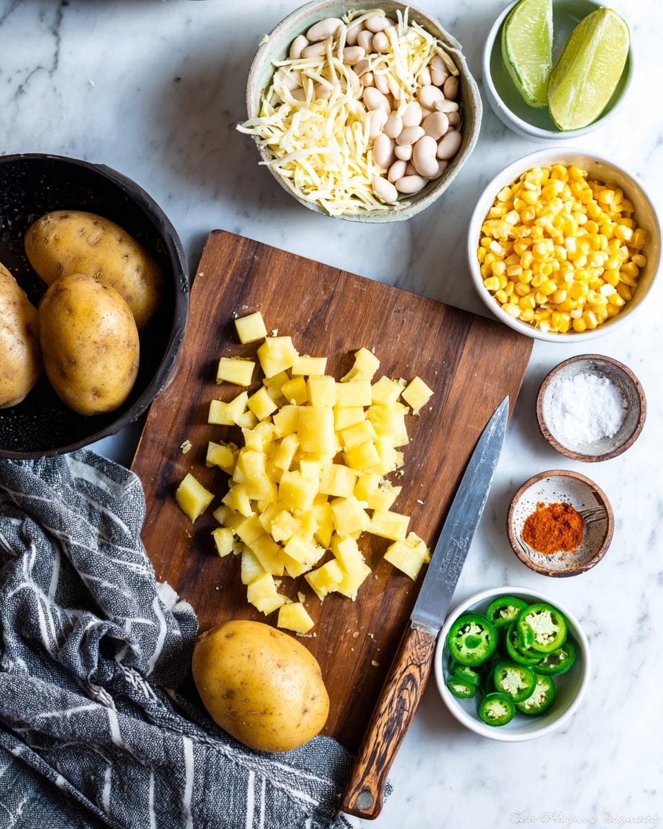 A wooden cutting board sits on a white marbled surface with a small pile of yellow potato cubes spread across its top center and a sharp knife with a wooden handle resting on its right side. Below the cutting board is a whole yellow potato. To the left of the board, two whole yellow potatoes are inside a black bowl, partially covered by a striped gray cloth. Above the board, five small white bowls are arranged in a loose circle: white beans fill the top left bowl, shredded white cheese fills the top middle bowl, yellow corn kernels fill the top right bowl, three green jalapeños fill the bottom left bowl, and thin lime slices fill the middle bowl. A small dish between the bowls holds separate piles of white salt and red chili powder. Photo taken with an iphone --ar 4:5 --v 7