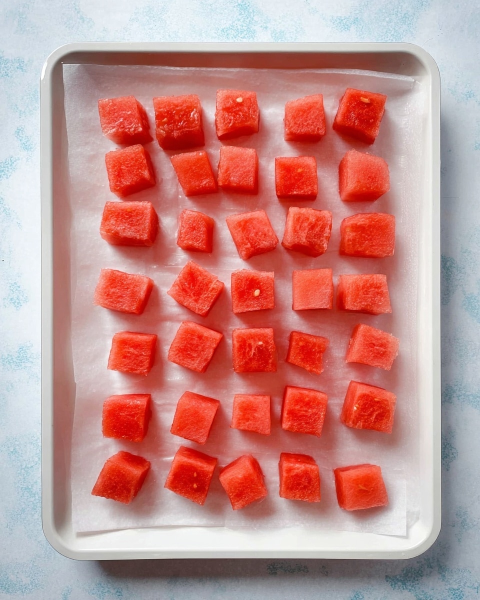 A white rectangular tray lined with white parchment paper holds small, evenly spaced cubes of bright red watermelon arranged in neat rows. The tray sits on a white marbled surface, and the watermelon cubes have smooth, shiny textures that catch the light. photo taken with an iphone --ar 4:5 --v 7