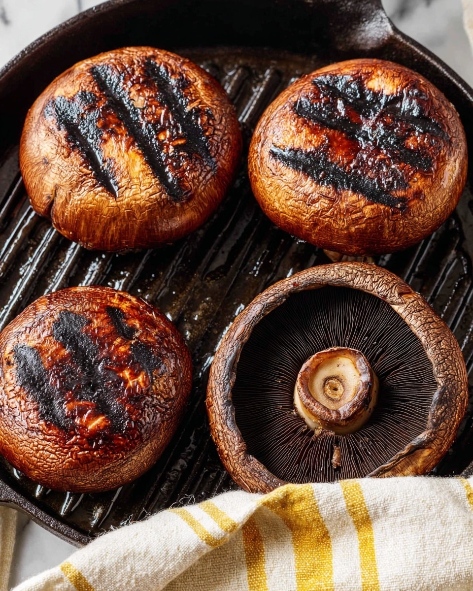 The image shows a close-up of four large grilled mushrooms with dark brown caps and black grill marks on top. The mushrooms have a slightly shiny, textured surface from the grilling. One mushroom is turned upside down, showing its dark, moist gills inside. They are arranged on a black cast iron grill pan with ridges and some oil shine. Below the pan, there is a white cloth with thin yellow stripes on a white marbled surface. photo taken with an iphone --ar 4:5 --v 7