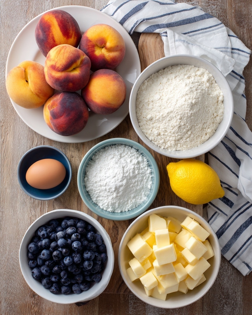A top-down view of a wooden board displaying baking ingredients in separate white bowls arranged neatly. The largest white plate holds seven fuzzy peaches with red and yellow tones clustered at the top left. To the right is a white bowl filled with white cane sugar next to a bright yellow lemon. Below the peaches, there is a large white bowl heaping with white all-purpose flour and next to it, a small blue bowl holds a single brown egg. Below the egg is a small white bowl with white corn starch and baking powder on top. Near the bottom left corner, a gray bowl is full of dark blue blueberries. At the bottom right, a white bowl holds many small pale yellow cubes of butter. White and navy striped cloth is partially visible at the lower left. The background is a warm wood surface replaced with a white marbled texture. Photo taken with an iphone --ar 4:5 --v 7