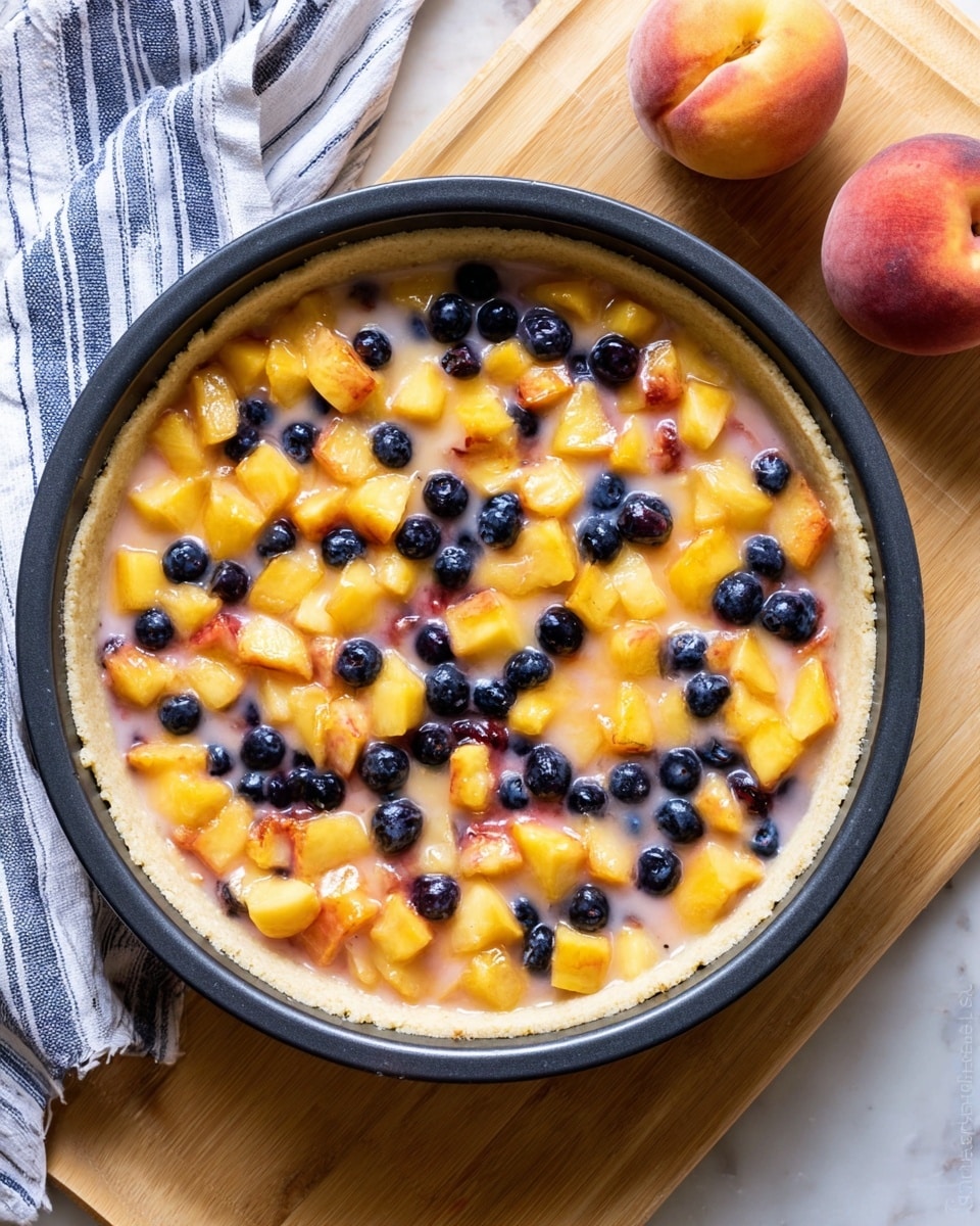 A close-up top view of an unbaked fruit tart in a round black pan shows three visible layers: the bottom layer is a light beige pie crust that lines the pan; the middle layer is a glossy, pale pink liquid filling evenly spread over the crust; the top layer consists of chunky yellow peach pieces and small, round dark blue blueberries scattered evenly across the filling. The pan is placed on a wooden board with a striped cloth partially visible on the left side, and two whole peaches rest near the top right corner on the board. The background is a white marbled texture. photo taken with an iphone --ar 4:5 --v 7
