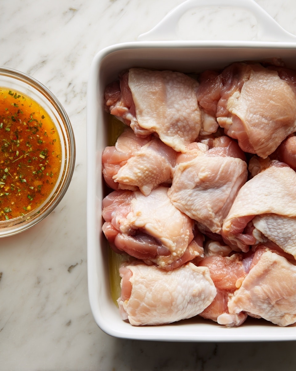 A white rectangular baking dish filled with two rows of raw chicken thighs arranged close together, showing a mix of soft pink and light beige colors with visible fat in cream tones on the edges and some shiny moist texture. On the left edge, part of a glass bowl with a rich orange sauce with visible herbs inside is partially visible. The dish is set on a white marbled surface. photo taken with an iphone --ar 4:5 --v 7