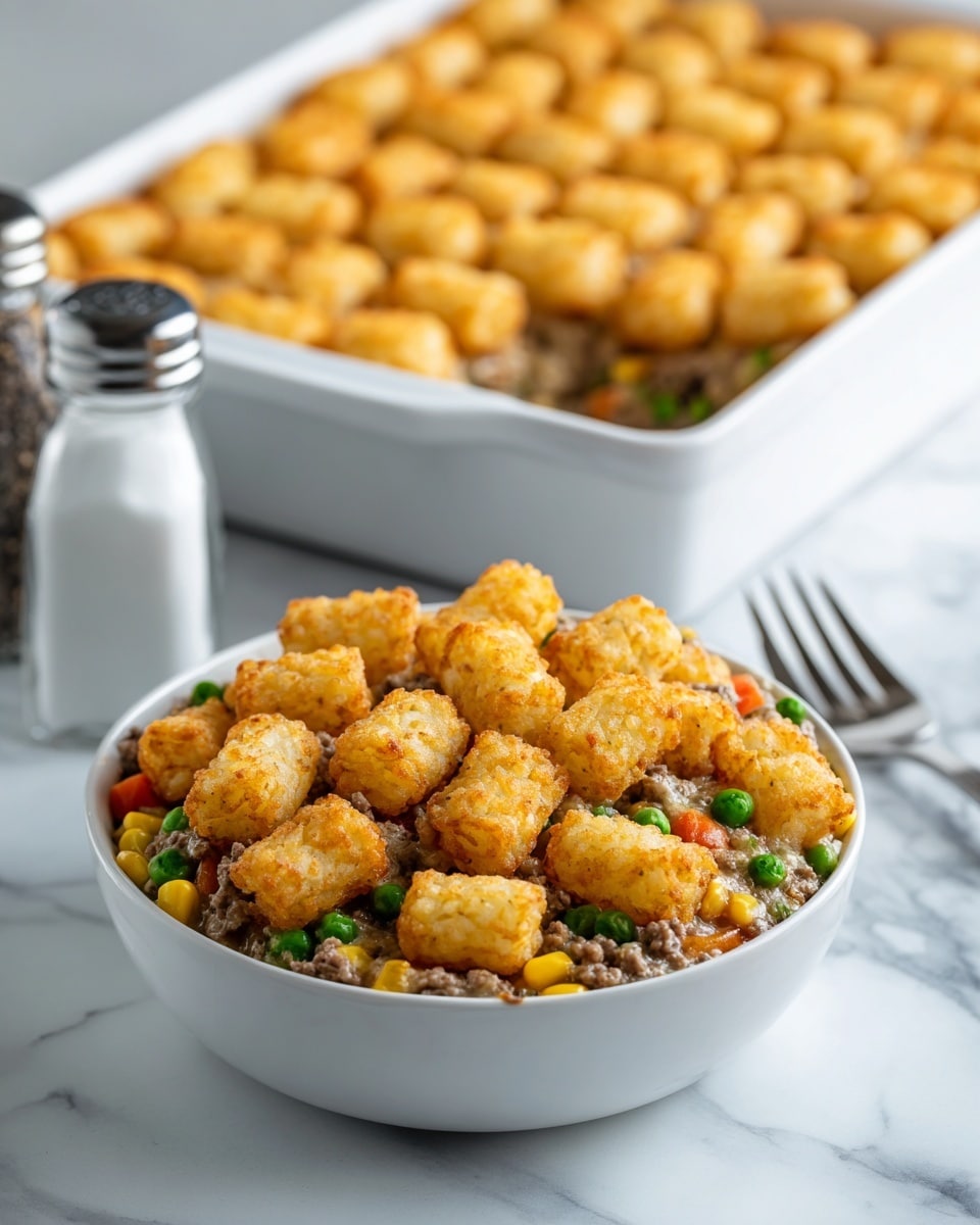 A white bowl filled with a layered dish: the bottom layer is a mix of ground meat, green peas, corn, and small carrot pieces with a creamy texture, topped with a layer of golden brown, crispy tater tots mostly square shaped, evenly covering the surface. In the background, there is a white rectangular baking dish filled with the same dish, showing the top crispy tater tot layer and some of the mixed vegetable and meat layer underneath. The bowl is placed on a white marbled surface, beside a metal fork and two small clear salt and pepper shakers, one with black pepper and one with white salt, photo taken with an iphone --ar 4:5 --v 7