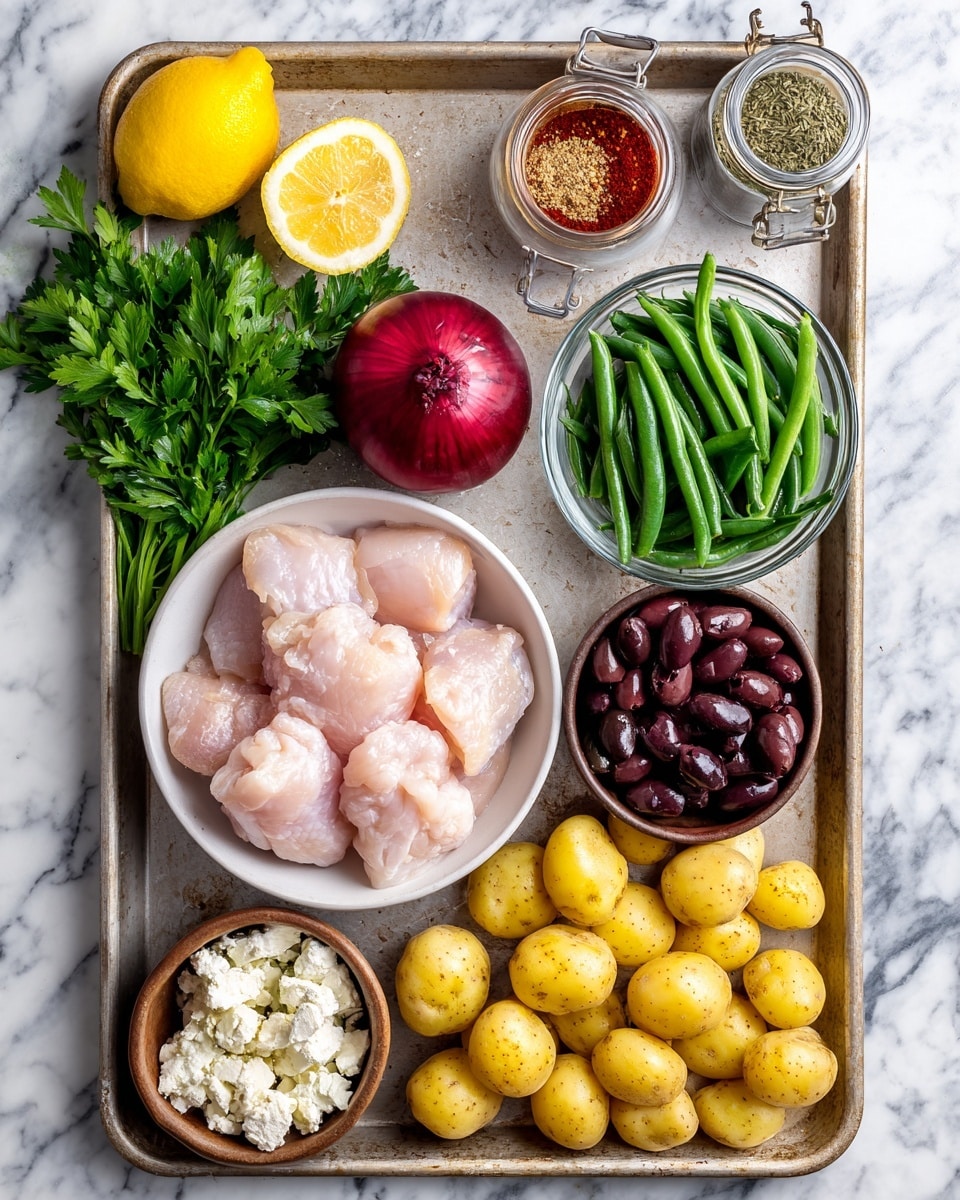 A large metal tray is placed on a white marbled surface with various raw ingredients arranged on it. In the bottom left corner, a white bowl holds several pieces of raw pale pink chicken. Next to it, a red onion lies on the tray, beside a pile of small yellow potatoes on the right. Above the potatoes, a small white bowl contains several garlic cloves. To the right upper side, a clear glass bowl is filled with fresh green beans. Closer to the center, a small brown bowl holds dark olives, and another small brown bowl contains crumbled white cheese. A bunch of bright green parsley lies next to these bowls. At the top left corner, a yellow lemon and two glass jars of spices, one with a red powder and the other with dried herbs, complete the ingredients. Photo taken with an iphone --ar 4:5 --v 7