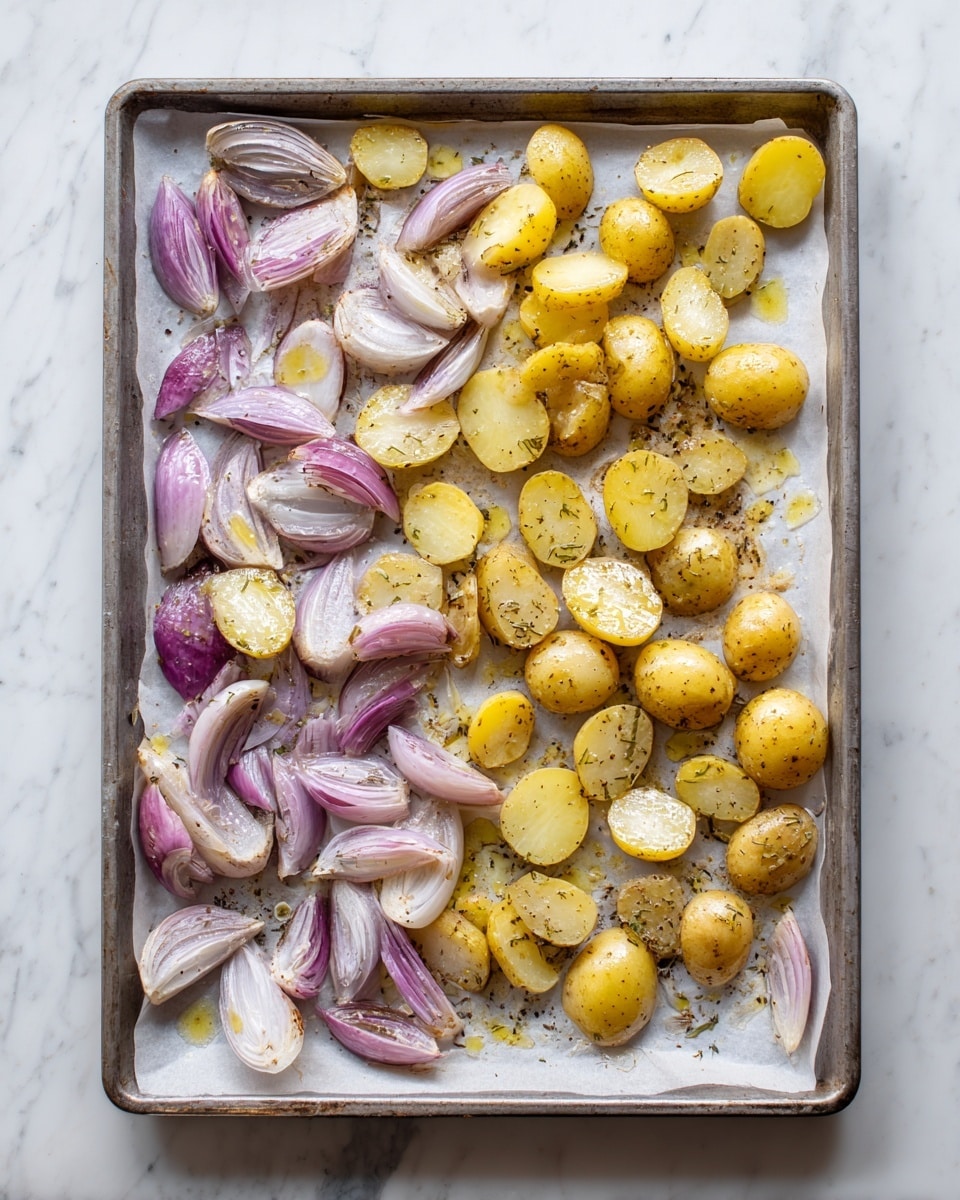 A large baking tray lined with white parchment paper holds two main layers of ingredients scattered across it: the bottom layer has small golden-yellow halved potatoes sprinkled with bits of brown seasoning, some having a slightly shiny texture from light olive oil drizzles; the top layer features uneven slices of light purple shallots placed around and in between the potatoes, each slice also dotted with drops of olive oil and a light sprinkle of pepper. The baking tray sits on a white marbled surface background. photo taken with an iphone --ar 4:5 --v 7