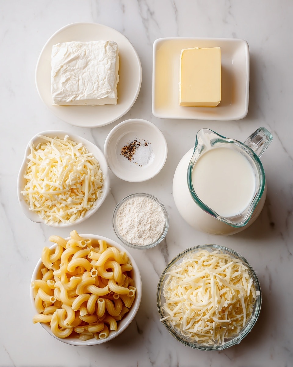 The image shows various ingredients on a white marbled surface, each in its own container: a small white dish holds salt, next to a small white dish with pepper; a small white bowl contains a solid block of yellow butter; a clear glass measuring cup holds thick white cream; a small white pitcher is filled with milk; a round bowl has shredded pale yellow mozzarella cheese; a white bowl contains elbow macaroni pasta, and a small white measuring spoon holds white flour. The ingredients are neatly placed, and the labels for each are clearly visible. photo taken with an iphone --ar 4:5 --v 7