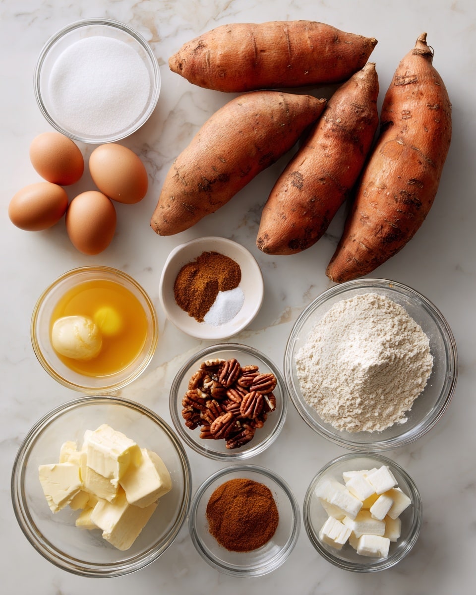 A collection of cooking ingredients neatly arranged on a white marbled surface with labels in black bold letters. In the center, five large orange sweet potatoes with rough skin are placed in a small pile. To the left, small glass bowls hold white sugar and amber vanilla extract; below them are three brown eggs in a clear bowl and a measuring cup filled with heavy cream. In the top right area, clear and white small bowls contain melted yellow butter, light brown soft brown sugar, pecan halves, and white flour cubes with cold butter pieces. Near the middle are tiny glass bowls with warm brown cinnamon powder, nutmeg powder, and white salt crystals. The clean layout and clear labeling highlight each ingredient clearly. Photo taken with an iphone --ar 4:5 --v 7