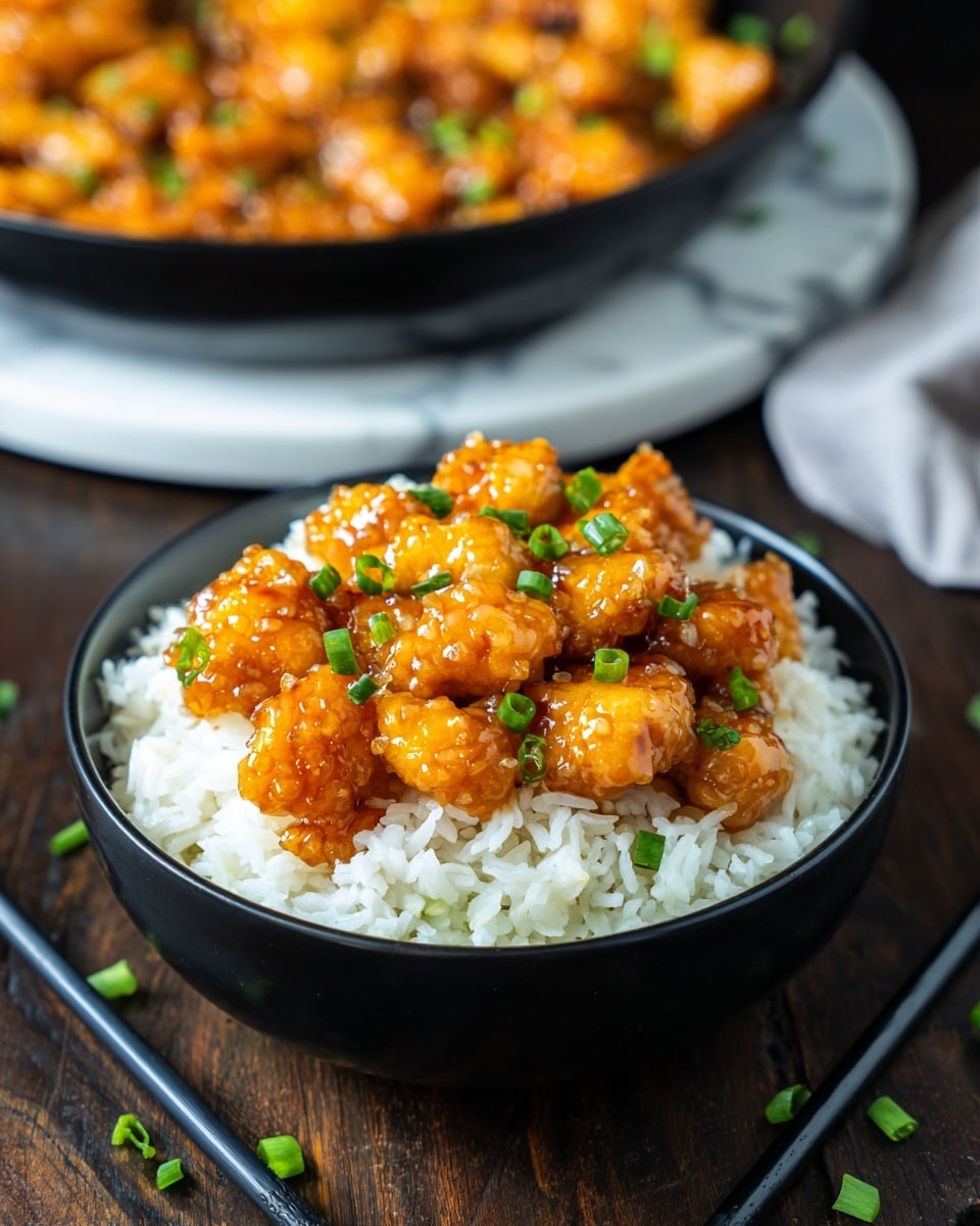 A black bowl holds two layers: the bottom layer is white cooked rice with soft texture, and the top layer is orange glazed chicken pieces covered in shiny sauce, sprinkled with chopped green onions. Behind the bowl, there is a white pan filled with more orange glazed chicken pieces with green onion bits. Some chopped green onions are scattered on the dark wooden surface around the bowl, and black chopsticks lie next to it. The background shows a white marbled texture. photo taken with an iphone --ar 4:5 --v 7