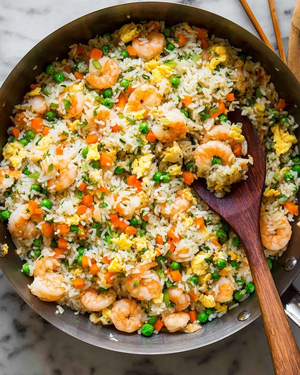 A pan filled with cooked fried rice layered with orange shrimp scattered evenly on top, mixed with small bright green peas, small orange carrot cubes, and yellow scrambled eggs spread throughout. The rice is white with bits of green onions mixed in. A wooden spoon is resting inside the pan, slightly lifting some of the rice and shrimp mixture. The pan is on a white marbled surface with chopsticks placed in the upper right corner. photo taken with an iphone --ar 4:5 --v 7