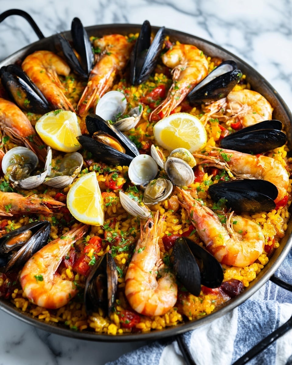A large black pan holds a layered seafood paella with the bottom layer of yellow rice mixed with bits of red and green vegetables, topped with a ring of plump orange shrimp evenly spaced around the edge, next to open shells of shiny black mussels and light brown clams arranged in between. Several lemon wedges with pale yellow flesh are placed on top, adding a fresh look, while bits of green herbs are sprinkled over the dish. The pan is set on a white marbled surface with part of a blue and white striped cloth nearby. Photo taken with an iphone --ar 4:5 --v 7