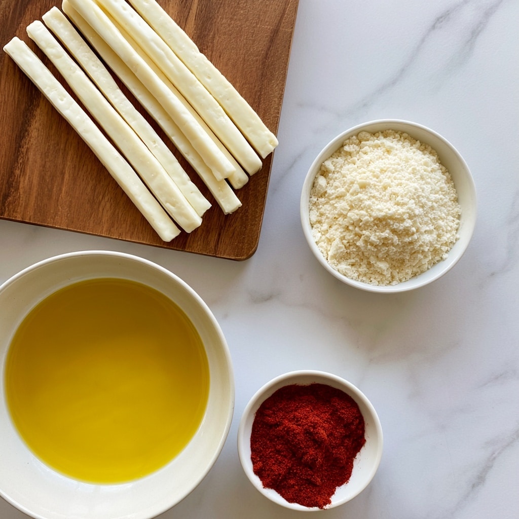 The image shows four food ingredients arranged on a white marbled surface. At the top left, there is a wooden cutting board holding seven long sticks of pale white halloumi cheese, each stick thin and smooth. To the right, there is a small white bowl filled with fine, white almond flour. At the bottom left, a white bowl contains bright yellow sunflower oil, smooth and shiny, with a bit of the bowl's rim visible. Next to it, a smaller white bowl holds red smoked paprika powder with a soft, powdery texture. The arrangement is clean and simple, with labels on each ingredient. photo taken with an iphone --ar 4:5 --v 7