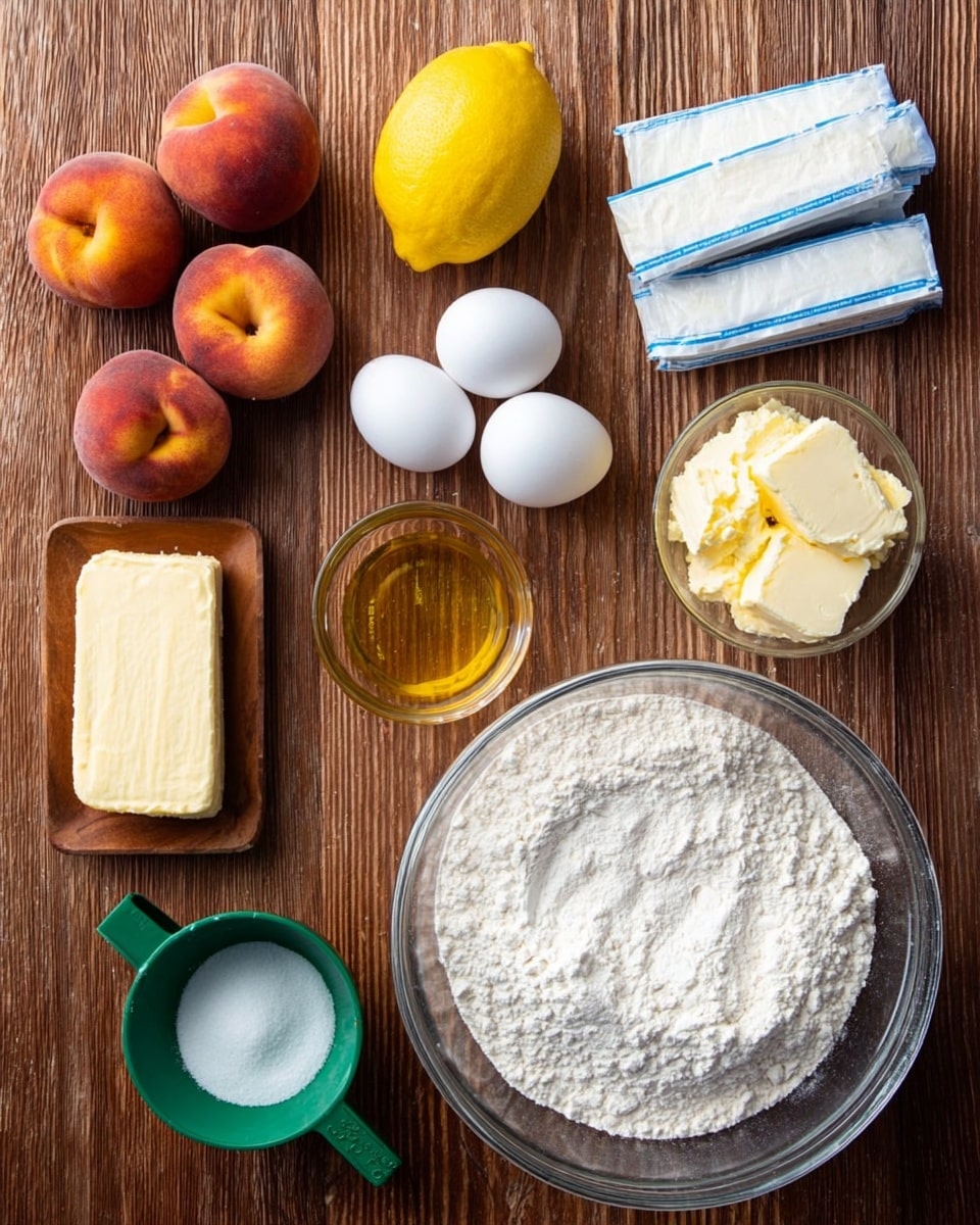 The image shows a wooden surface with baking ingredients neatly arranged. There are three whole peaches at the top left, bright yellow lemon near the top center, and three white eggs placed below the lemon. Two sticks of butter wrapped in white and blue paper sit to the right. Below the eggs are two small glass bowls: one with a clear salt and the other with a golden liquid, likely vanilla extract. A small wooden bowl with white powder, possibly baking powder, and a green measuring cup filled with sugar are placed near the bottom center. On the right side, a large glass bowl is full of white flour. photo taken with an iphone --ar 4:5 --v 7