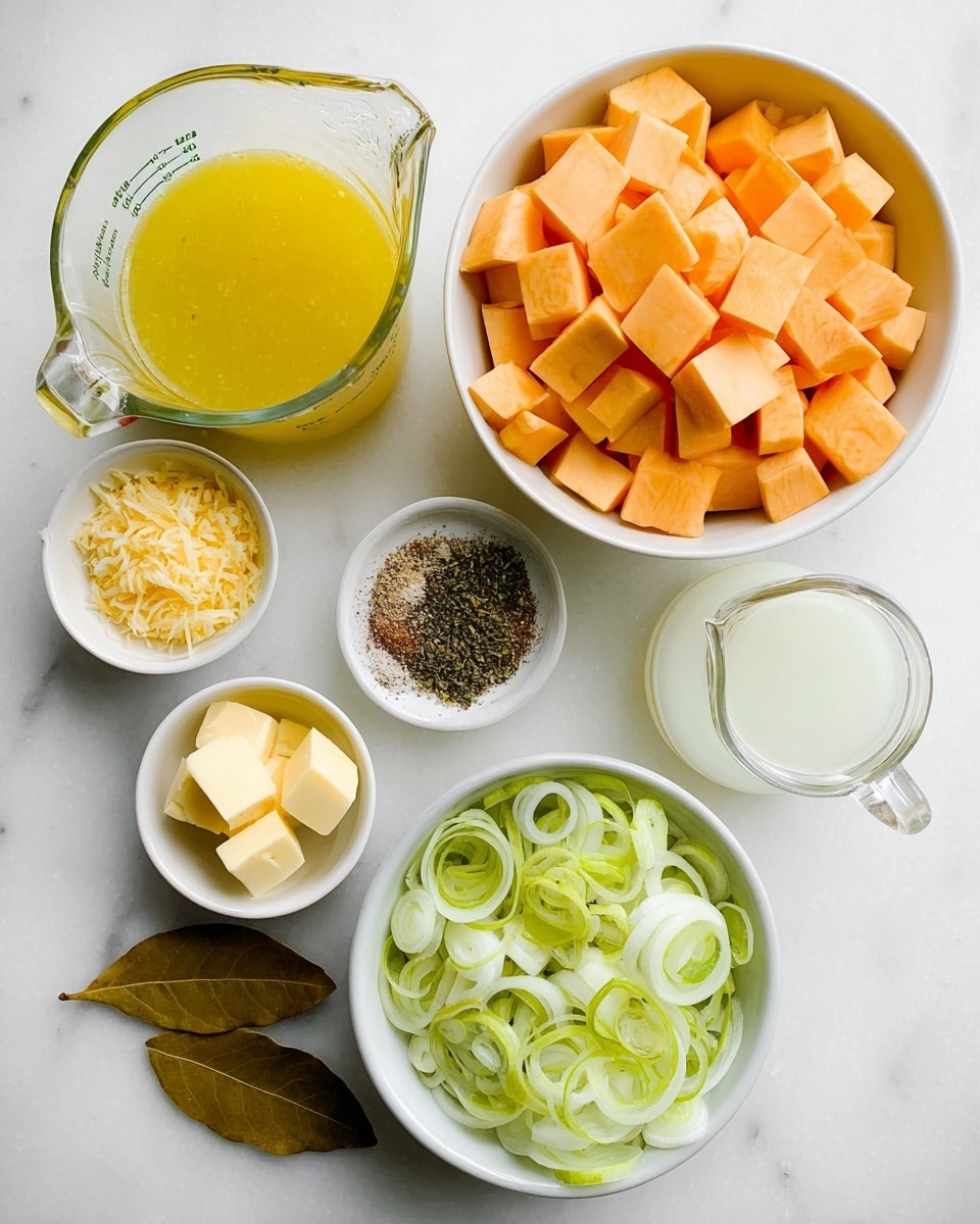 A top view of several small bowls and a glass jug arranged on a white marbled surface, featuring a large white bowl filled with bright orange cubed vegetables at the center right, a smaller white bowl at the bottom filled with thinly sliced light and dark green rings of leeks, and a small white bowl at the bottom left containing pale yellow rectangular chunks of butter. To the upper left, there is a clear glass measuring cup filled with a smooth yellow liquid, while a small white bowl near the top right contains finely grated pale orange pieces. Another small white bowl next to it has a mix of coarse black, green, and white spices, and two dried brown bay leaves lie beside it. At the bottom right, a clear glass jug holds a white liquid. Photo taken with an iphone --ar 4:5 --v 7