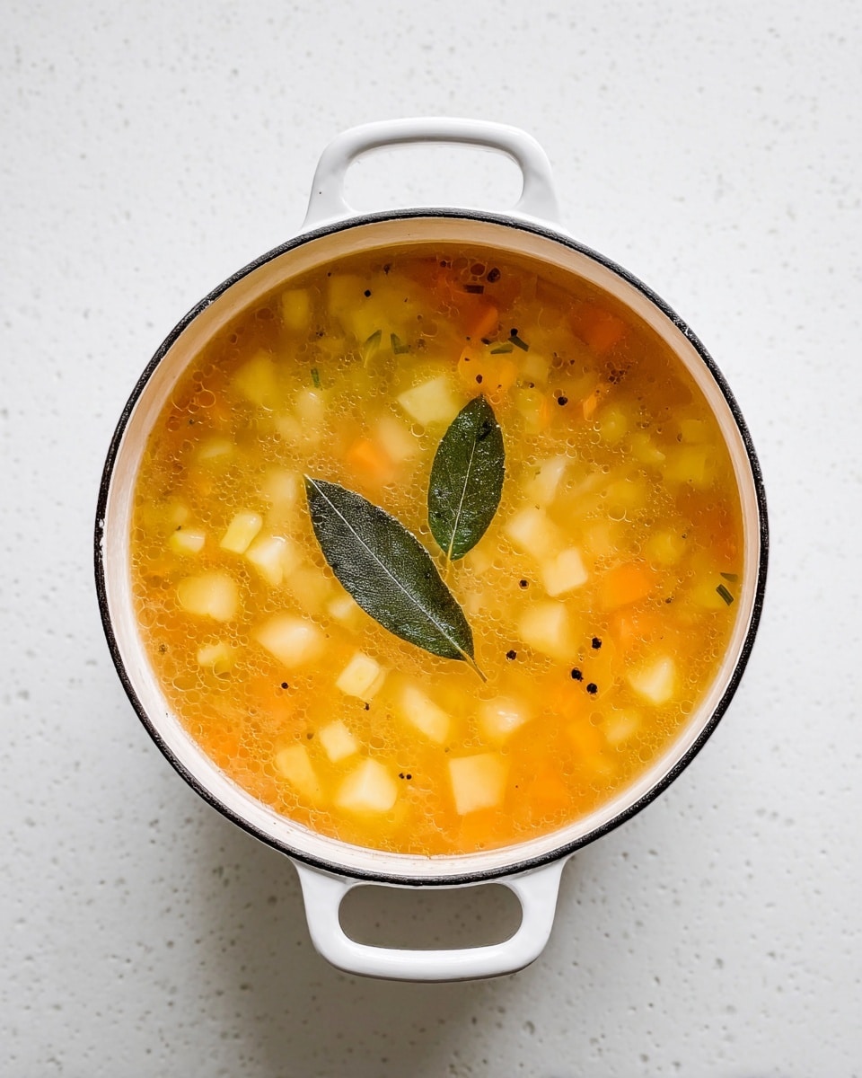 A white pot filled with a light orange broth containing small, soft-looking cubes of vegetables or potatoes floating evenly throughout the soup, topped with two green bay leaves and small specks of black pepper scattered on the surface. The pot is placed on a white marbled textured surface, and the photo is taken from directly above, showing the pot's handles on each side. photo taken with an iphone --ar 4:5 --v 7