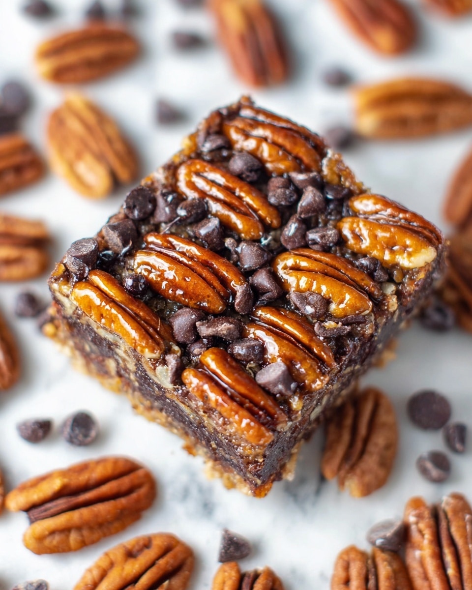 A close-up square piece of dessert with three visible layers: the bottom layer is dark brown and moist, the middle layer has glossy, golden-brown pecan halves arranged evenly, and the top layer is dotted with shiny, dark chocolate chips. The dessert is surrounded by whole pecan halves scattered on a white marbled surface, showing a rich, textured look with both crunchy nuts and soft chocolate. photo taken with an iphone --ar 4:5 --v 7