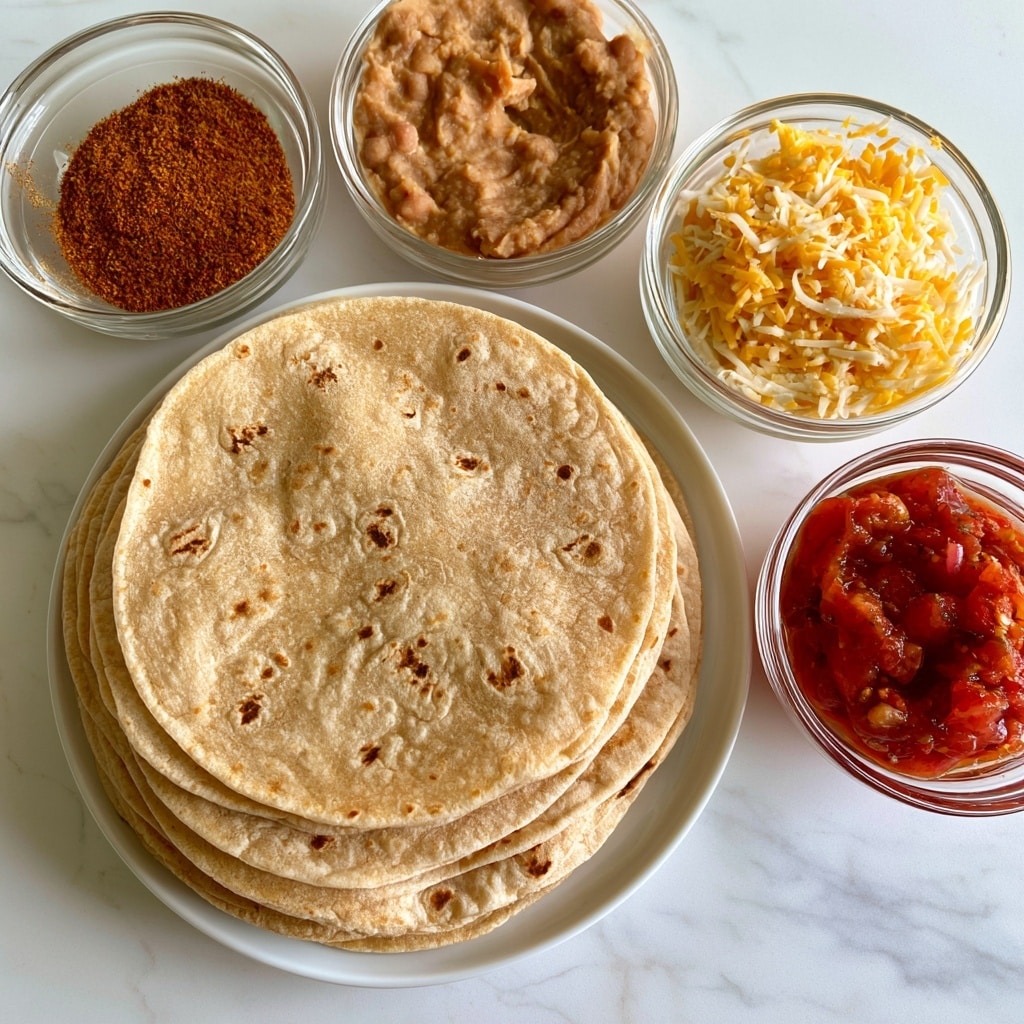 A stack of soft, light brown tortillas lies on a white plate, lightly toasted with small brown spots. Around the plate are four clear glass bowls arranged on a white marbled surface: one with reddish-brown taco seasoning powder, one filled with light brown refried beans having a slightly uneven texture, another with shredded yellow and white cheese mixing together, and the last holding chunky red salsa with visible pieces of tomato. Each bowl is round and transparent, showing the colors and textures of the ingredients inside. Photo taken with an iphone --ar 4:5 --v 7