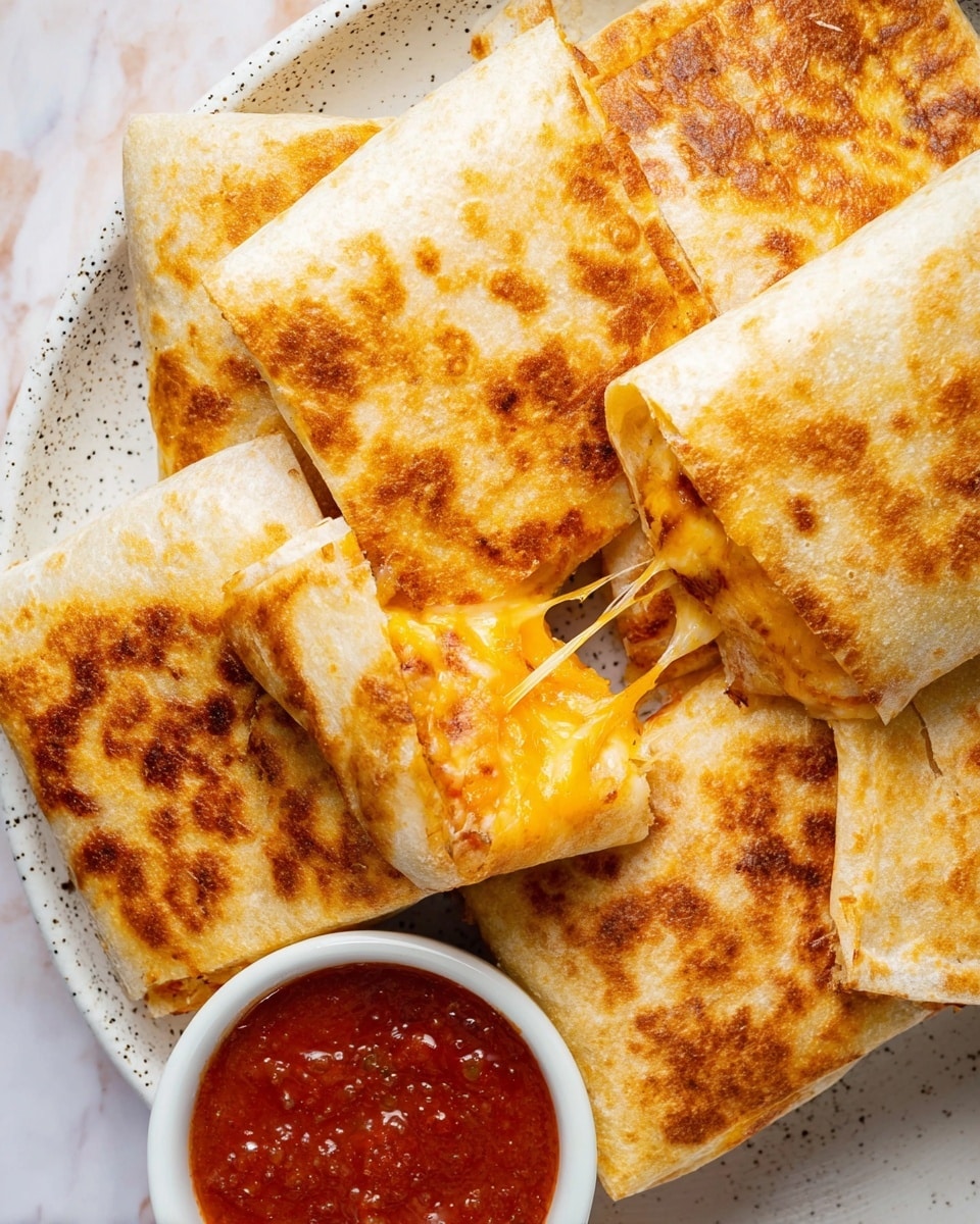 The image shows several square folded tortillas with a light golden brown crispy outer layer on a speckled white plate. One tortilla is pulled open slightly, revealing melted cheese and a soft inner filling with a yellow-orange color, showing thin cheese strands stretching between the opening. A small white bowl filled with a red chunky salsa sauce sits next to the tortillas on a white marbled surface. The overall look is warm and inviting with a mix of soft and crispy textures visible. Photo taken with an iphone --ar 4:5 --v 7