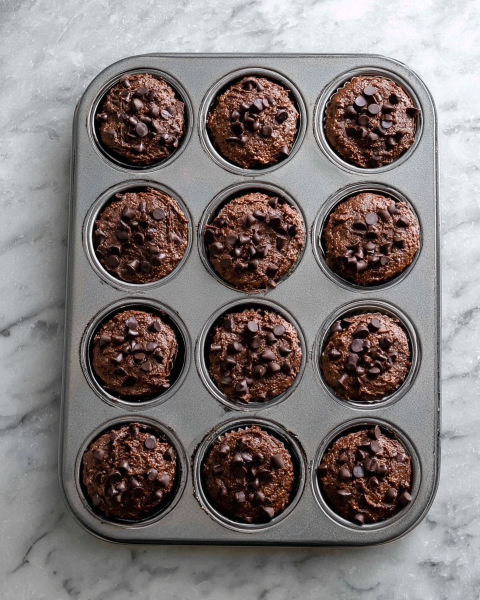 A gray metal muffin tray with 12 round cups is filled with dark brown chocolate batter. Each cup's batter has a rough texture with small chunks and is topped with scattered dark brown chocolate chips. The tray rests on a white marbled surface. photo taken with an iphone --ar 4:5 --v 7