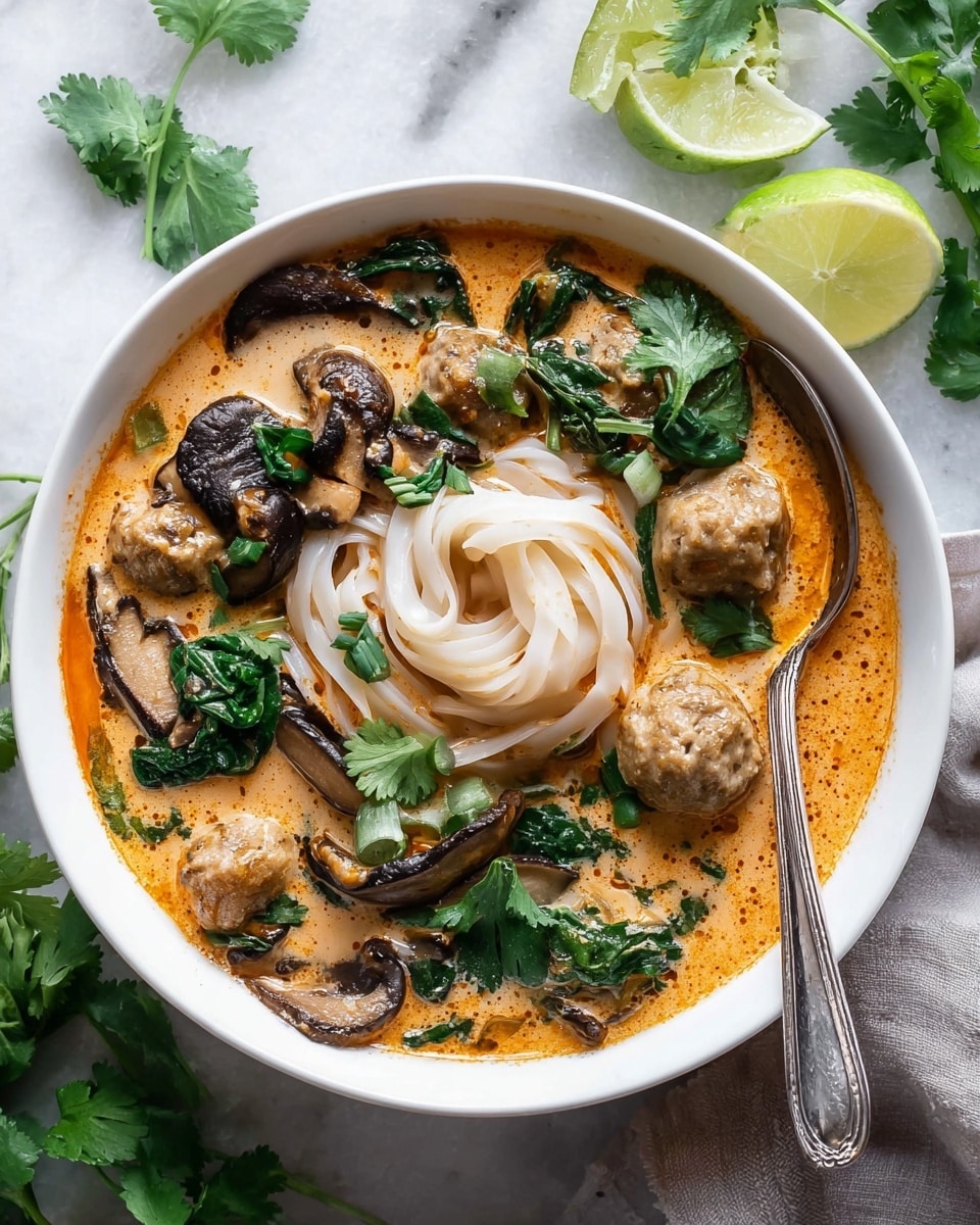 The image shows a close-up of a pot filled with a creamy orange soup. There are six pale round dumplings with green herbs inside floating on the surface. The soup also has dark brown mushrooms and fresh green spinach leaves scattered throughout. The soup looks smooth and slightly glossy. There is a wooden spoon in the upper right side of the pot. The pot is black, and the background is a white marbled texture. photo taken with an iphone --ar 4:5 --v 7